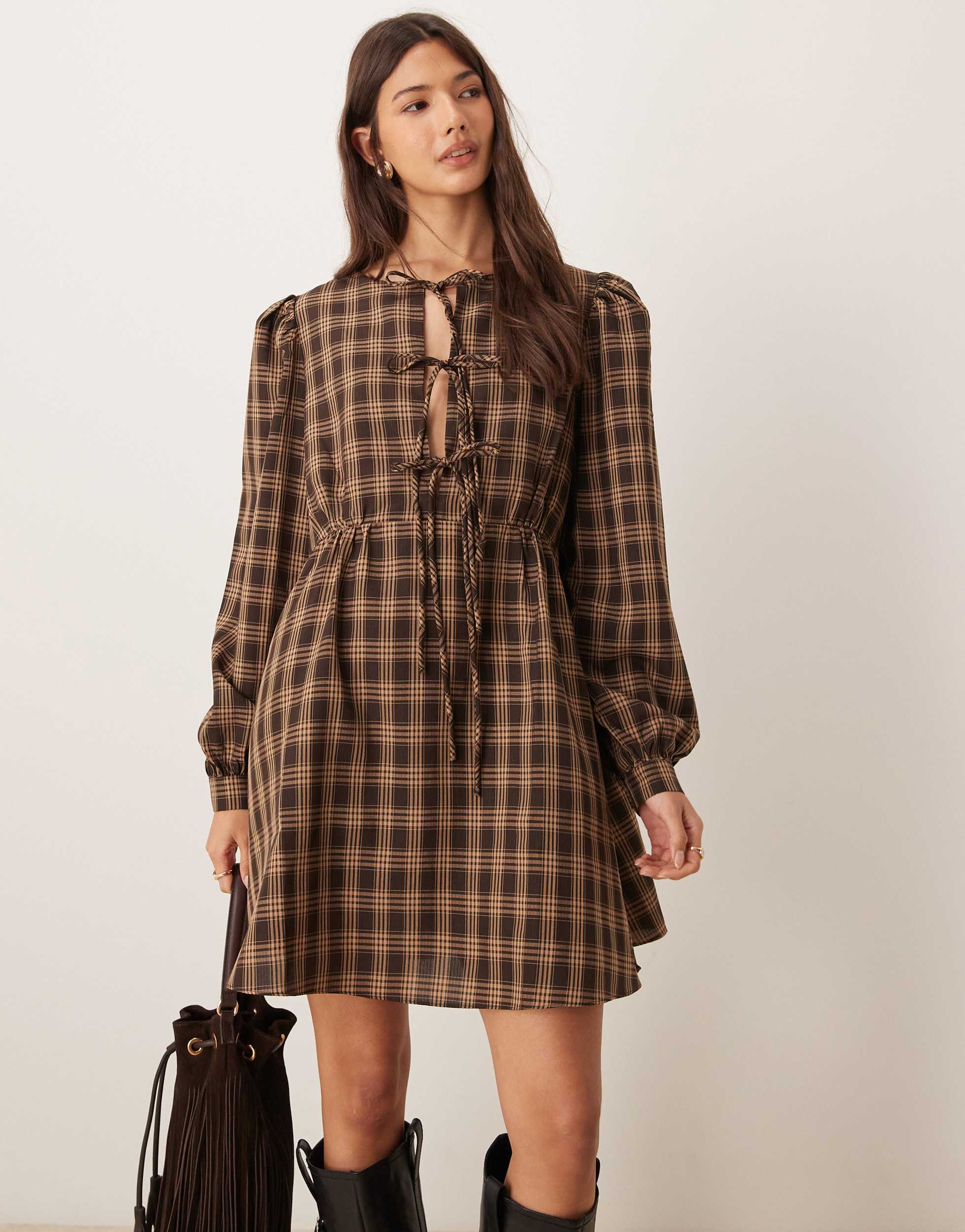 Glamorous long sleeve mini smock dress with front ties in pink brown check
