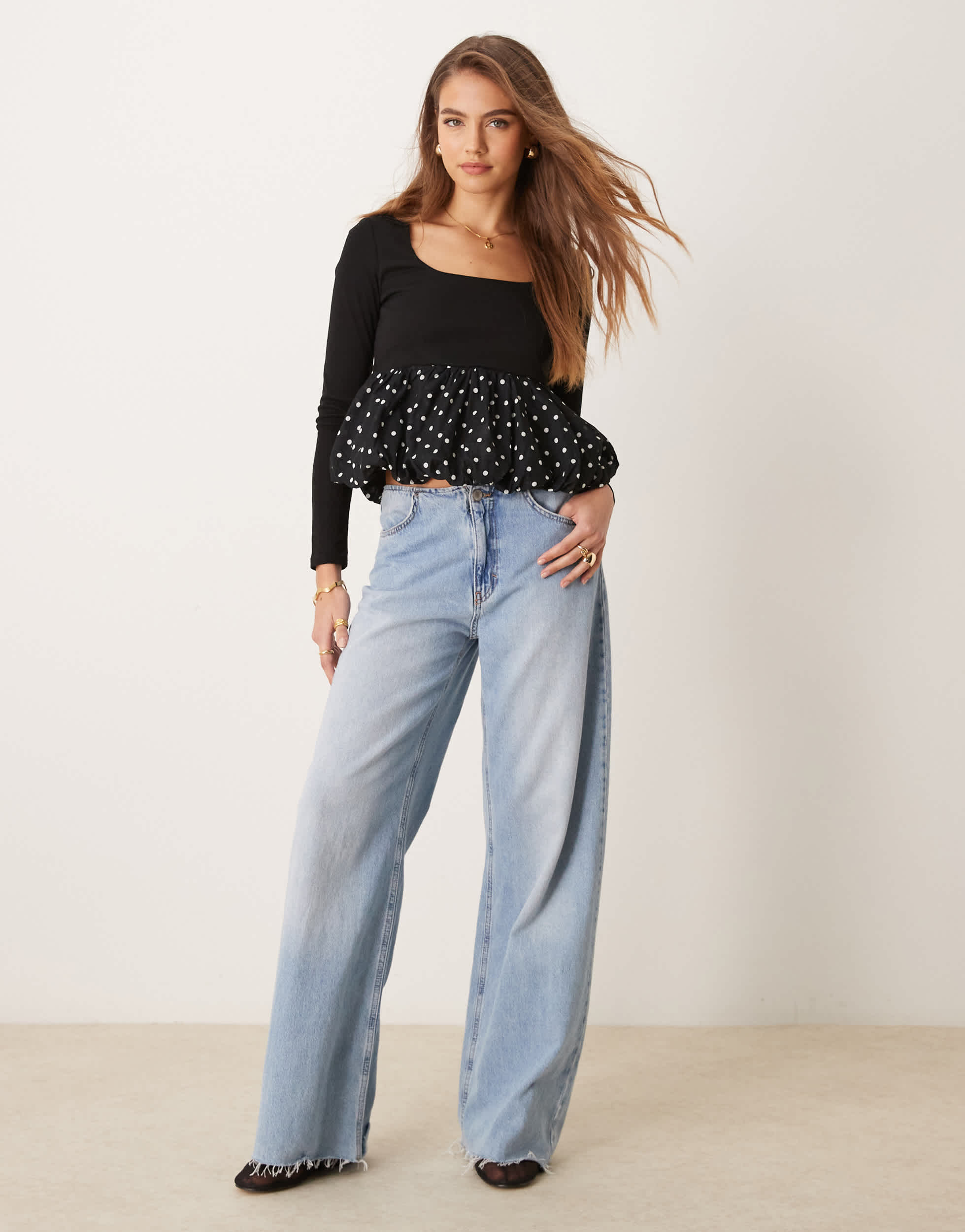 Glamorous square neck long sleeve top with puffball hem in black polka dot