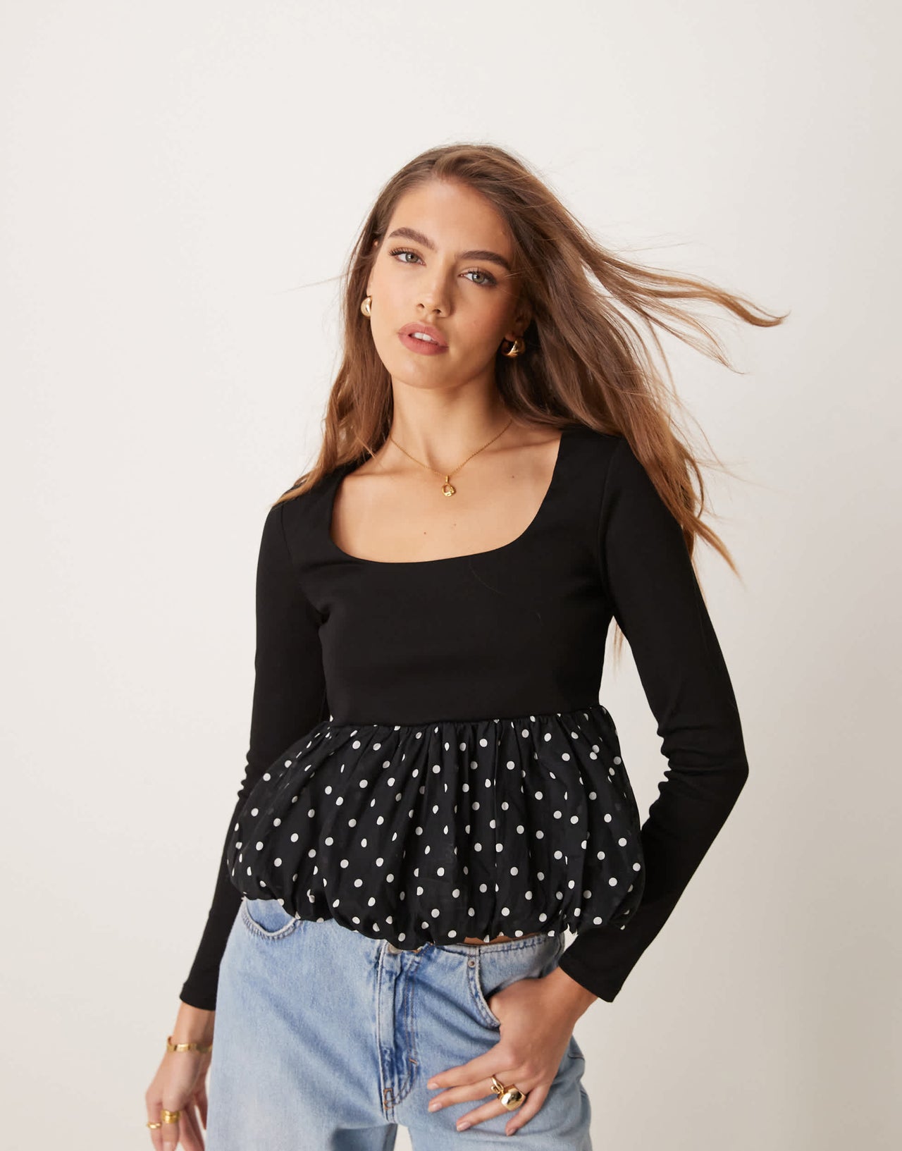 Glamorous square neck long sleeve top with puffball hem in black polka dot