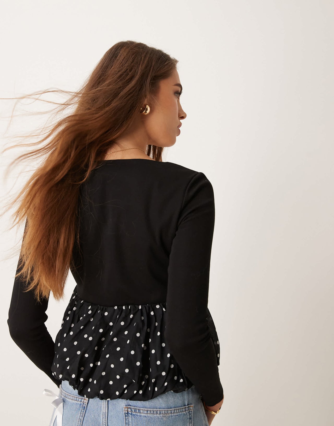 Glamorous square neck long sleeve top with puffball hem in black polka dot