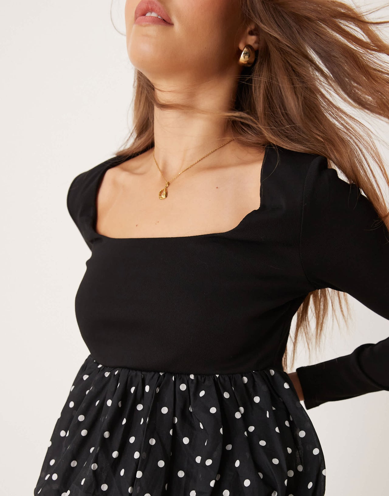 Glamorous square neck long sleeve top with puffball hem in black polka dot