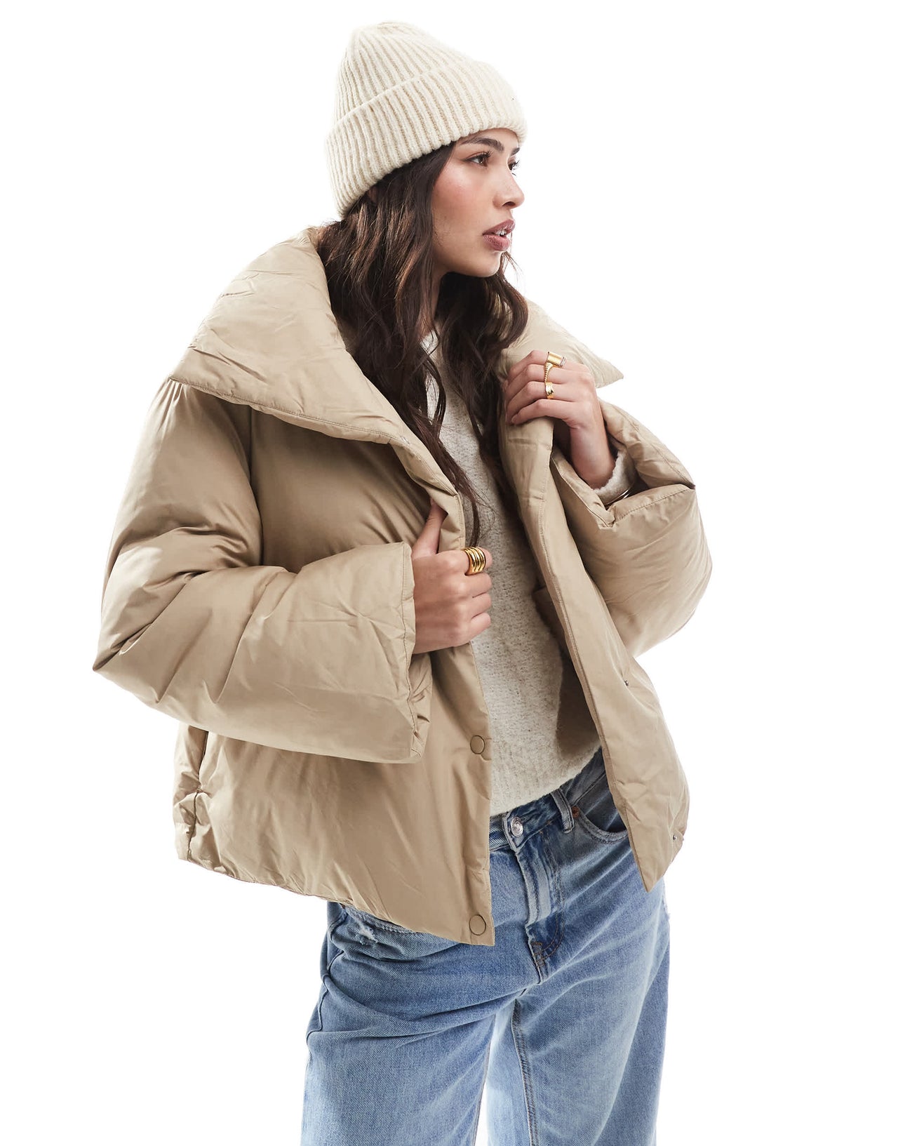 Vero Moda short padded jacket with wide sleeves in beige