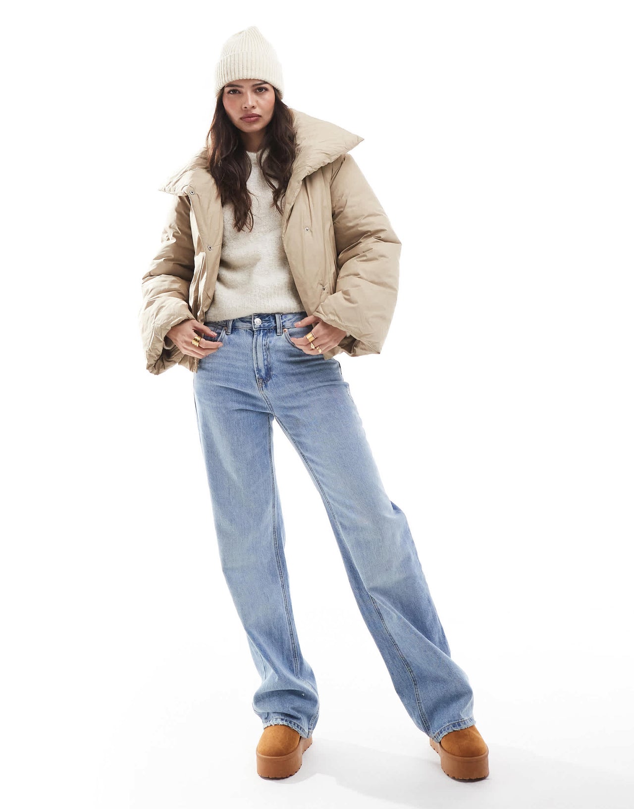 Vero Moda short padded jacket with wide sleeves in beige