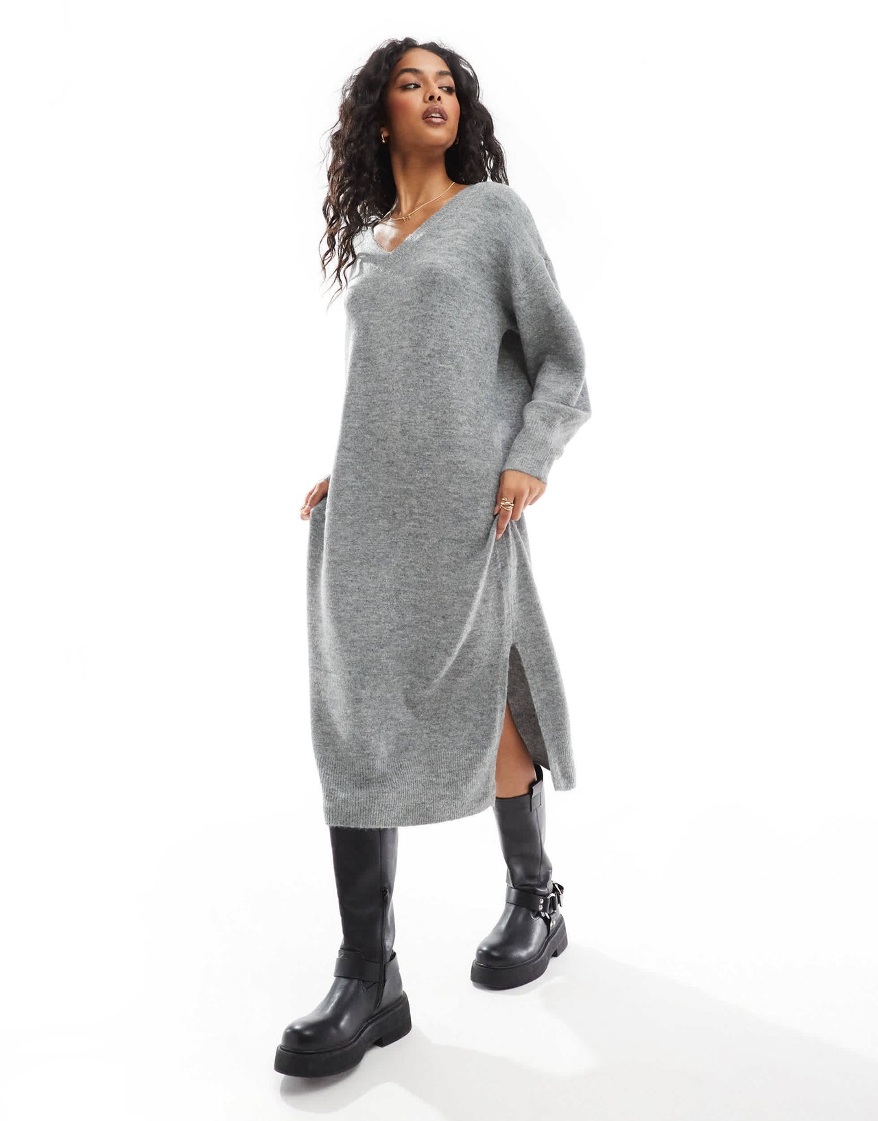 Vero Moda oversized knitted v neck midi dress in medium grey melange