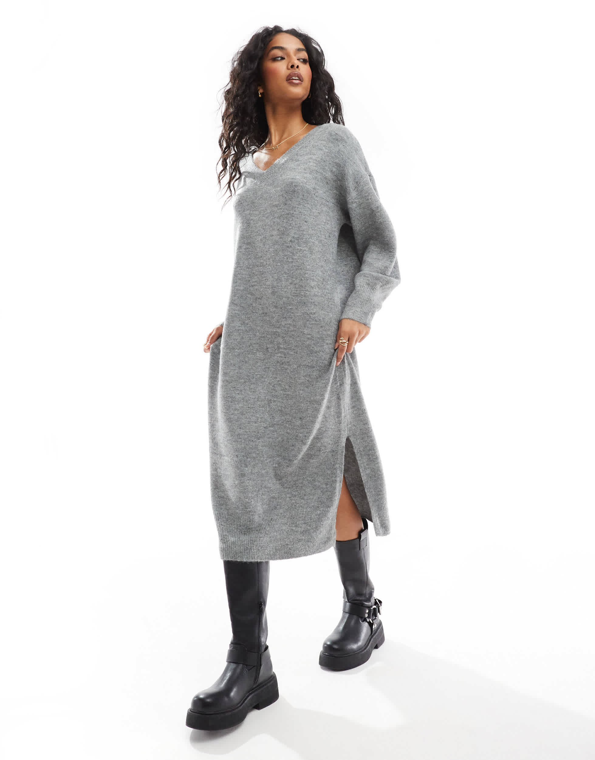 Vero Moda oversized knitted v neck midi dress in medium grey melange