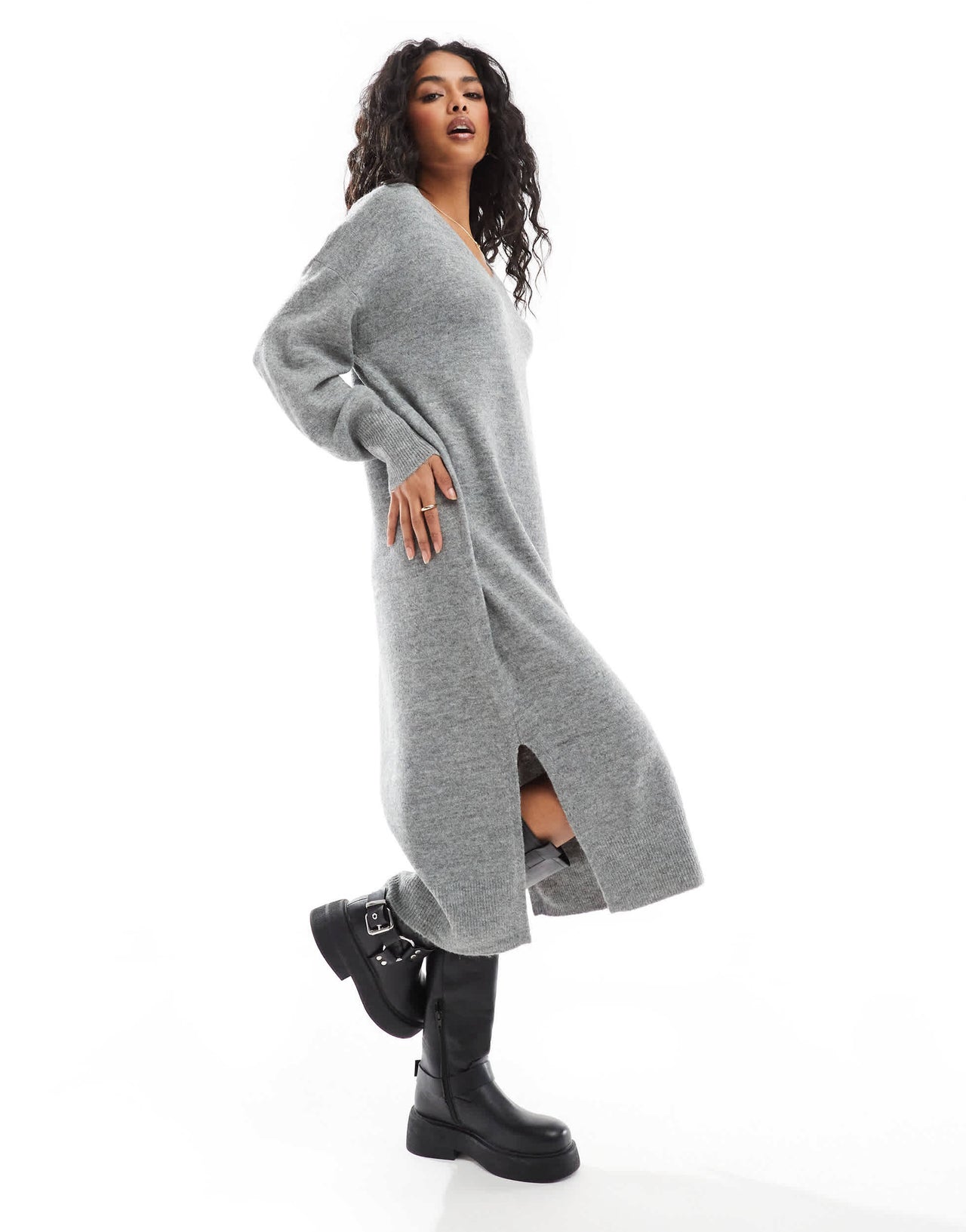 Vero Moda oversized knitted v neck midi dress in medium grey melange