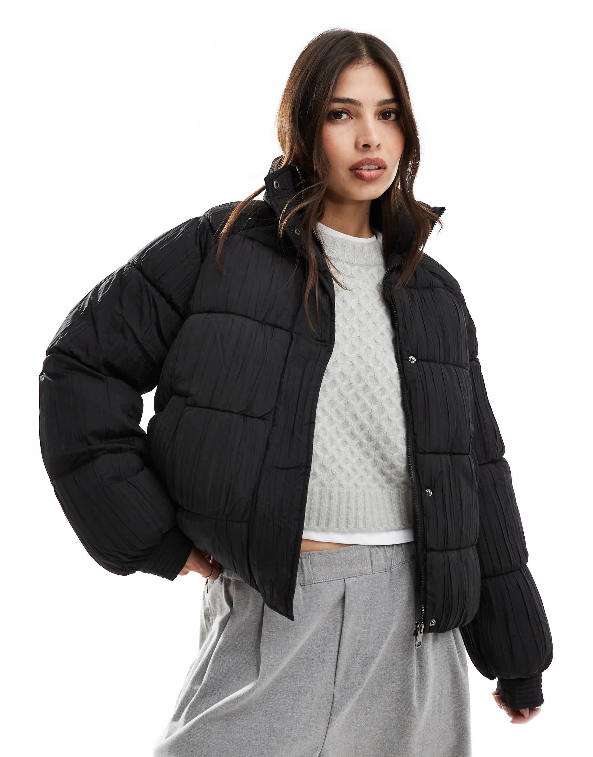 Vero Moda textured plisse short padded coat in black