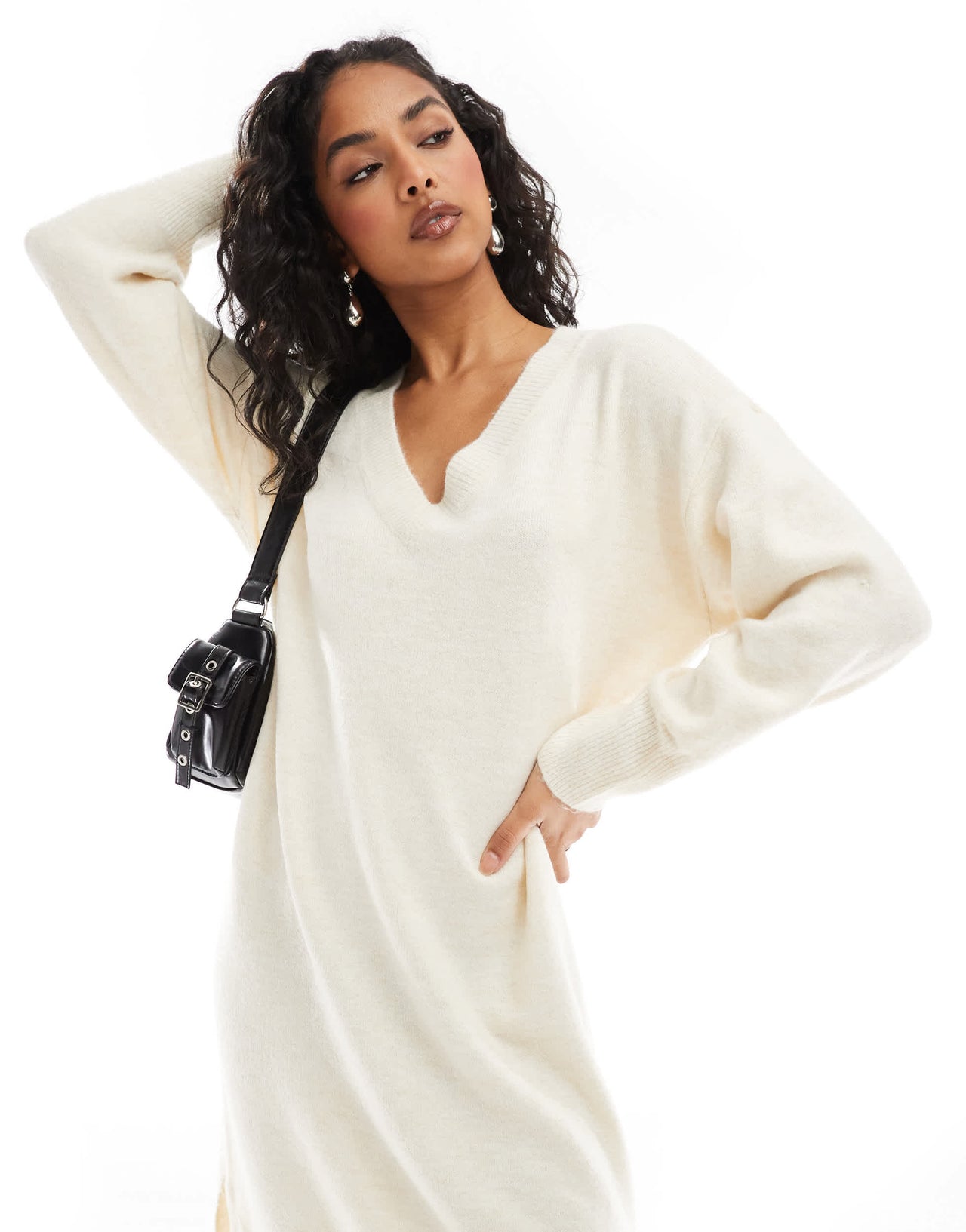 Vero Moda oversized knitted v neck midi dress in cream melange