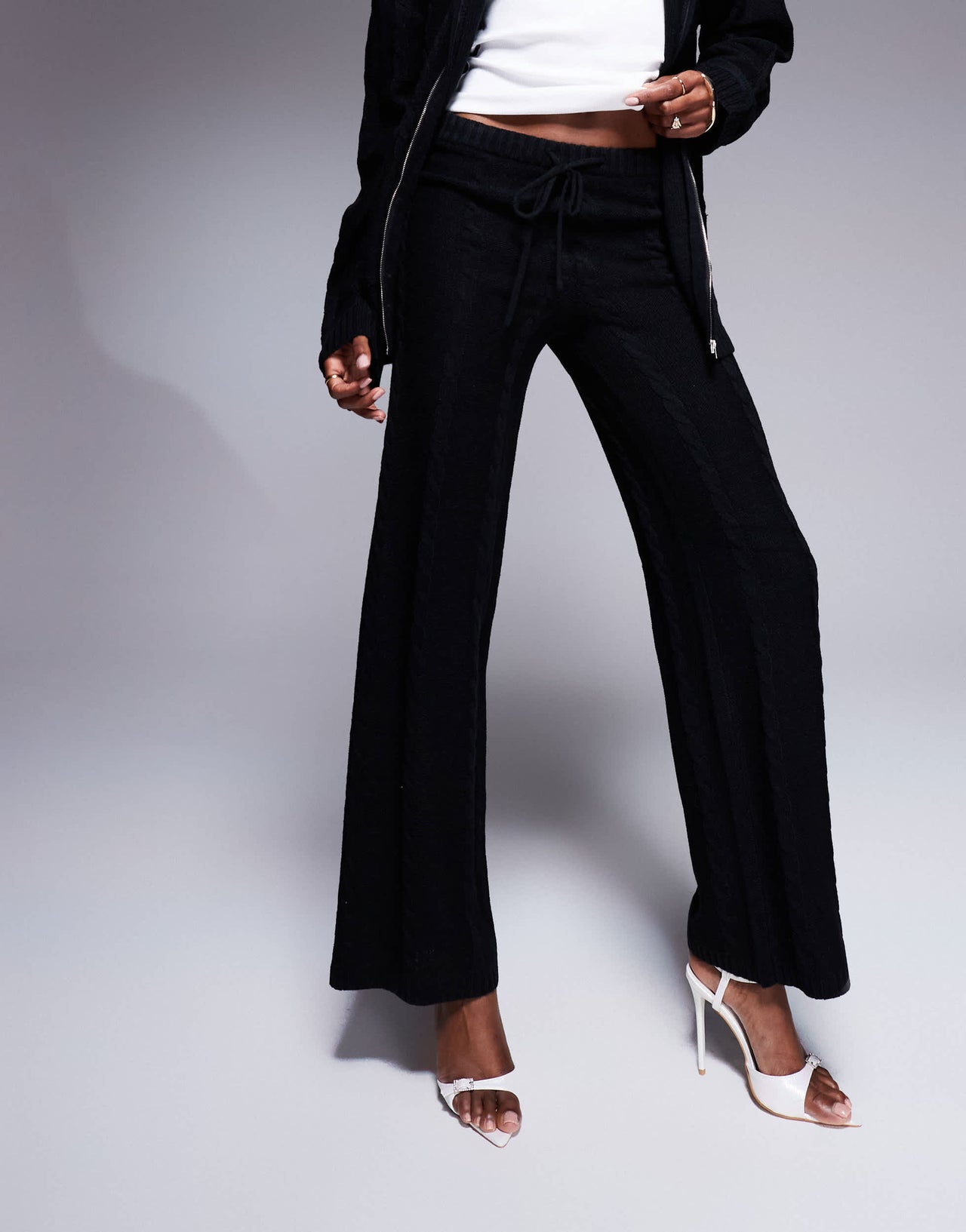 Kaiia exclusive cable knit wide leg trousers co-ord in black