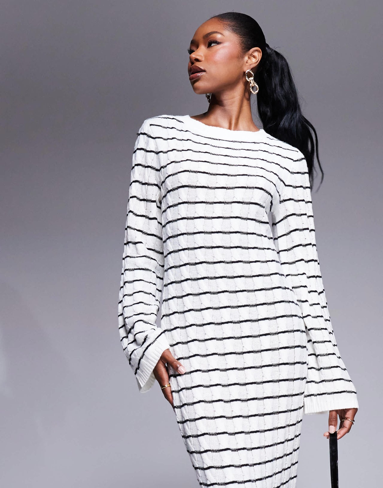 Kaiia exclusive knitted maxi jumper dress in black and cream stripe