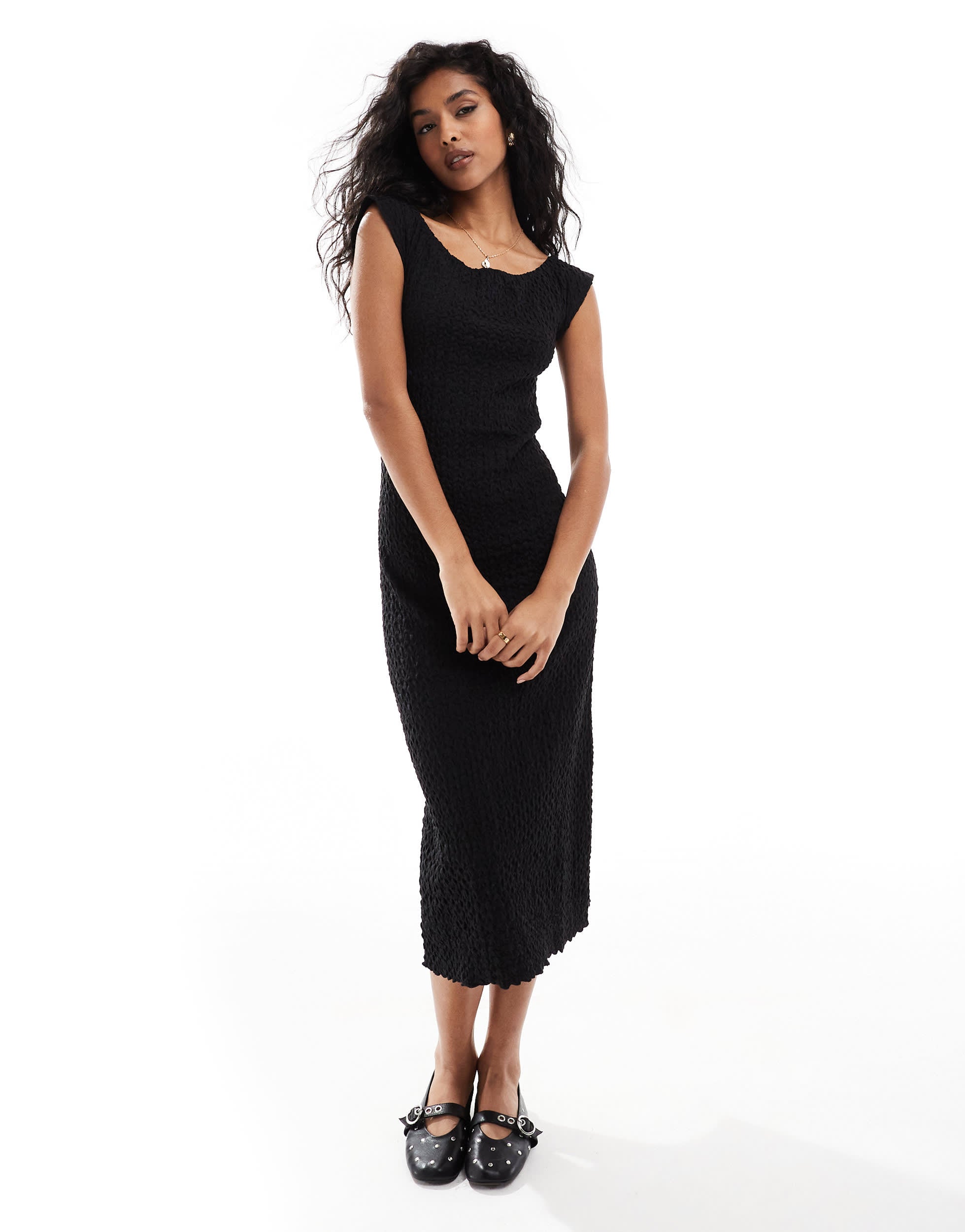Object off shoulder textured midi dress in black