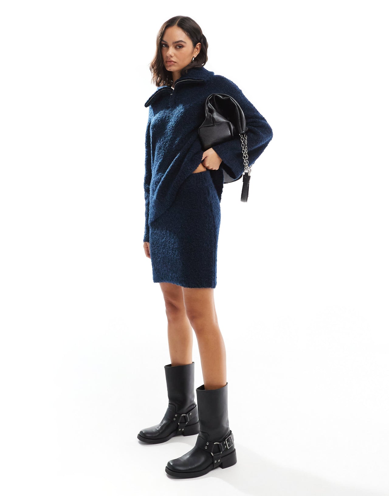 Object boucles knitted mini skirt co-ord in navy