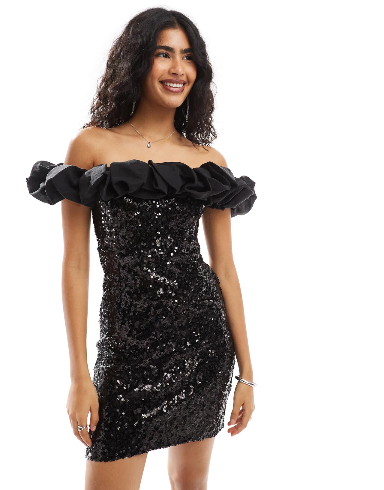 Object cami strap ruffle detail mini dress in black sequin