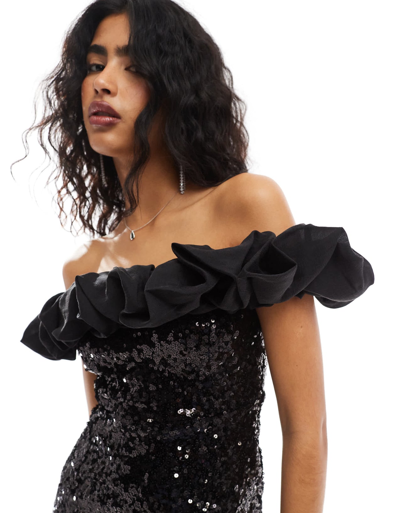 Object cami strap ruffle detail mini dress in black sequin