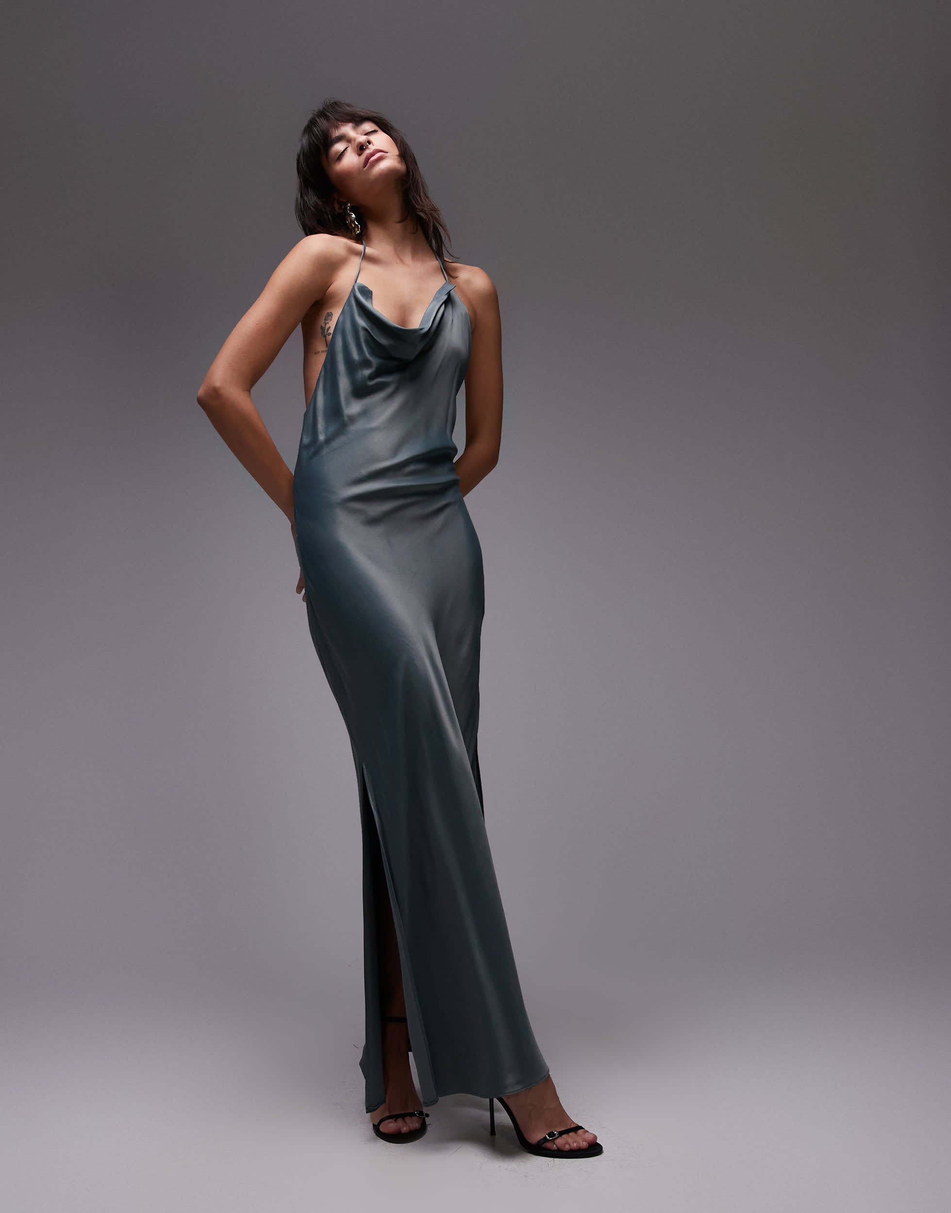 Topshop drape halter neck occasion maxi dress in petrol