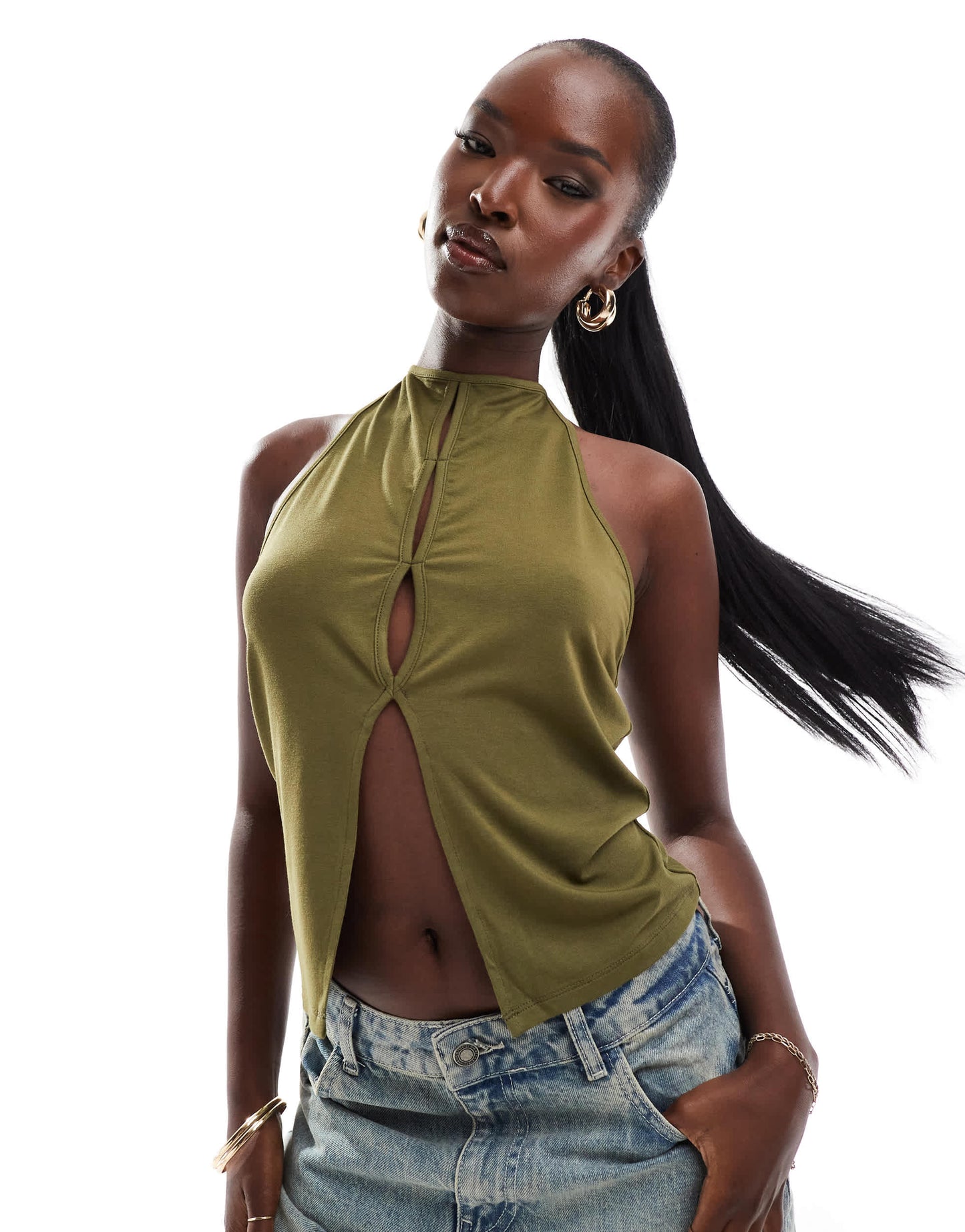 ASOS DESIGN halter top with cut out detail in khaki