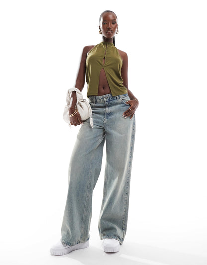 ASOS DESIGN halter top with cut out detail in khaki