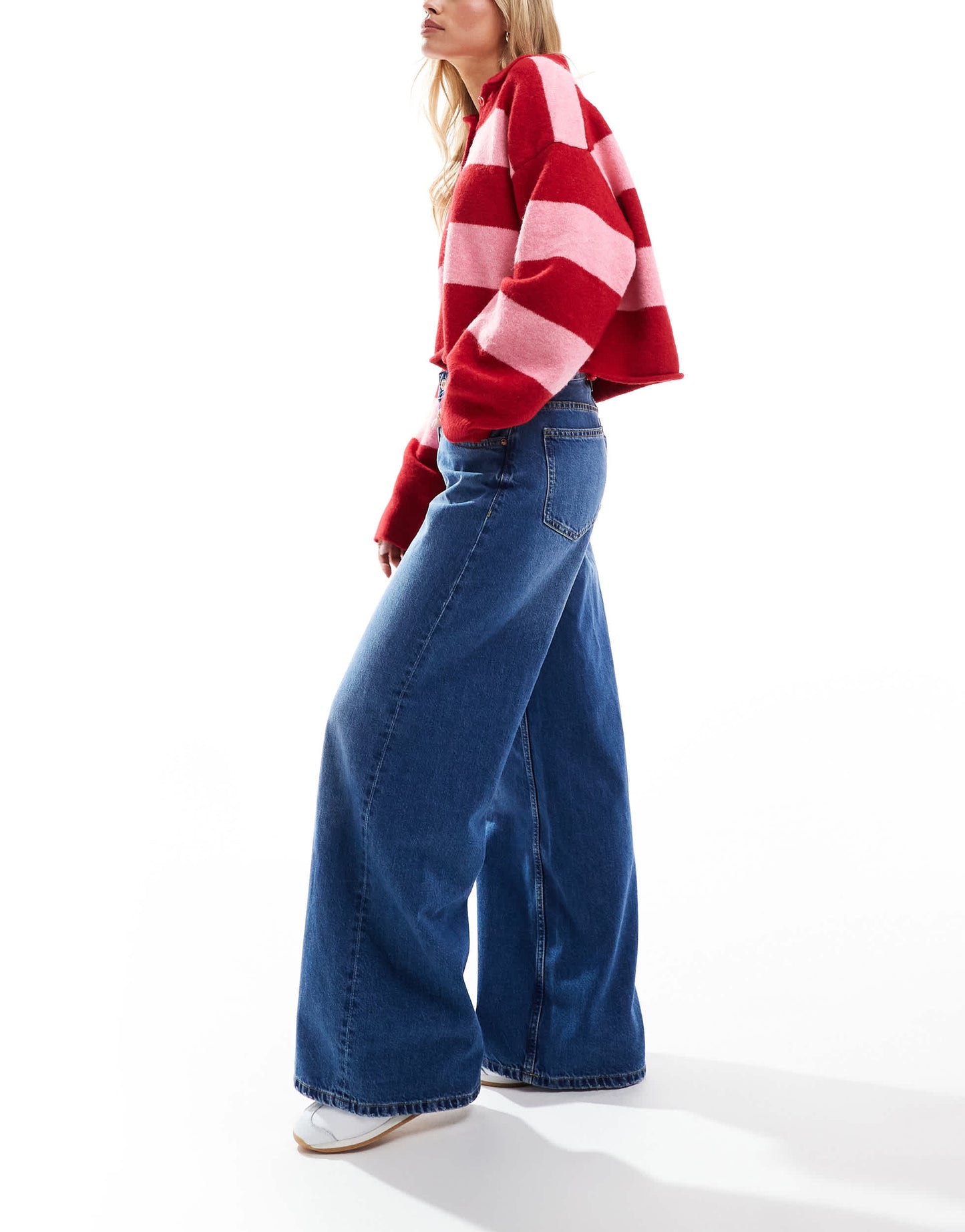 Bershka Petite high waisted wide leg jeans in dark wash