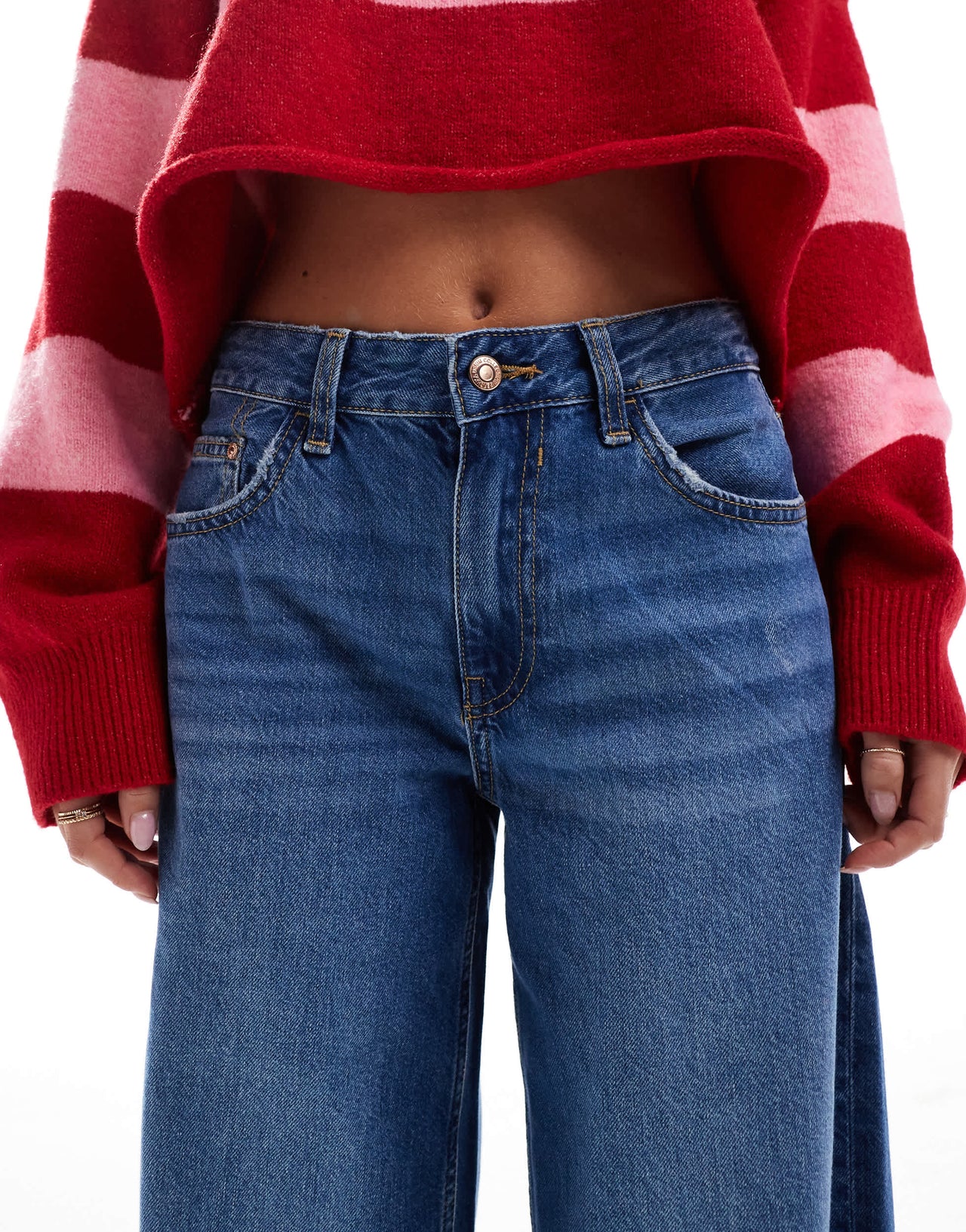 Bershka Petite high waisted wide leg jeans in dark wash