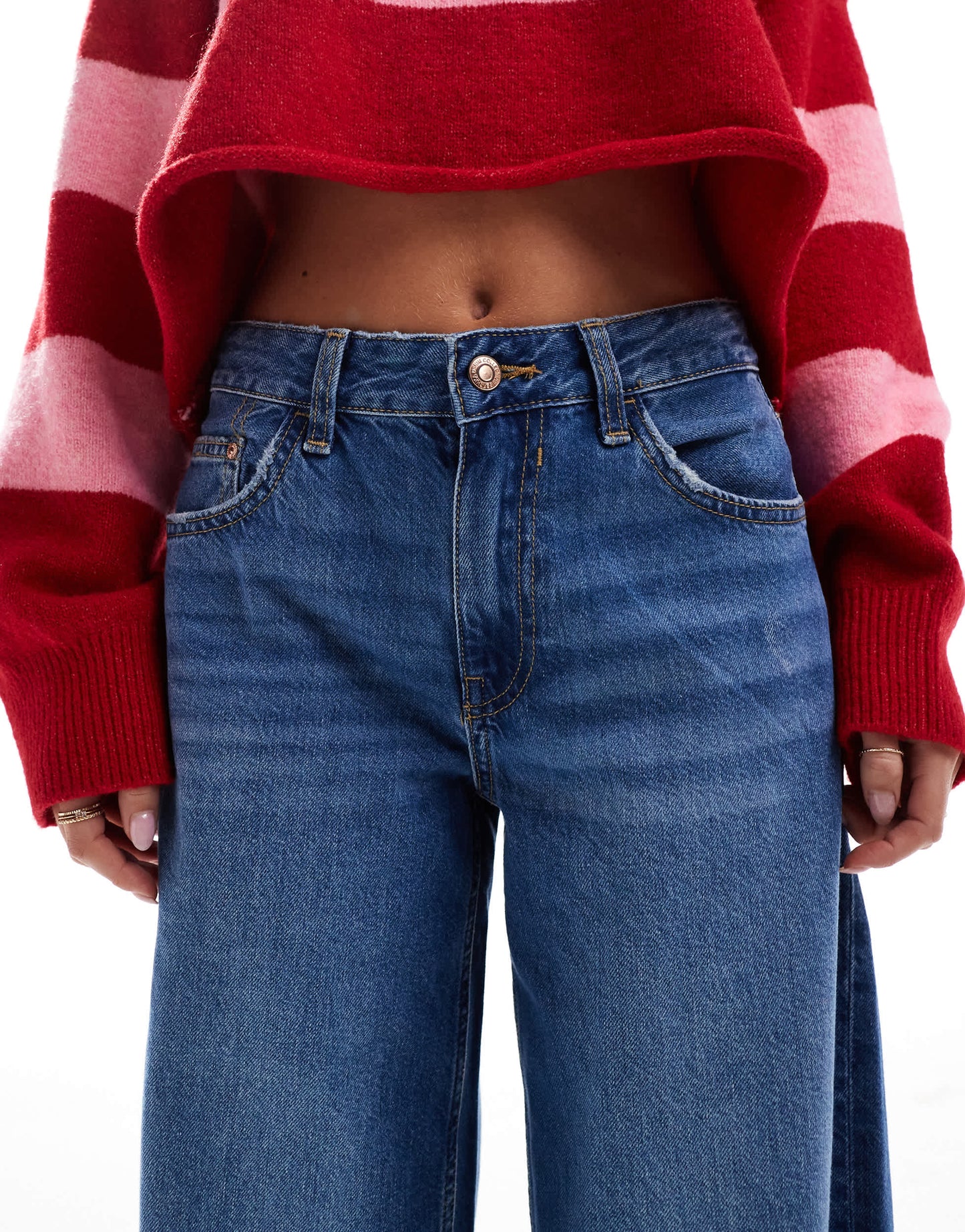 Bershka Petite high waisted wide leg jeans in dark wash