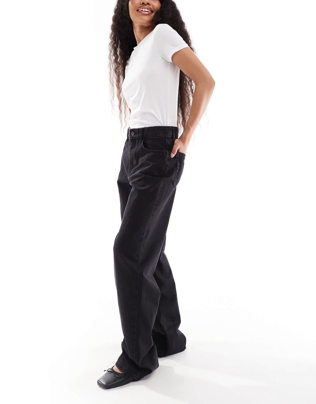 Bershka Petite high waisted 90s wide leg jeans in black