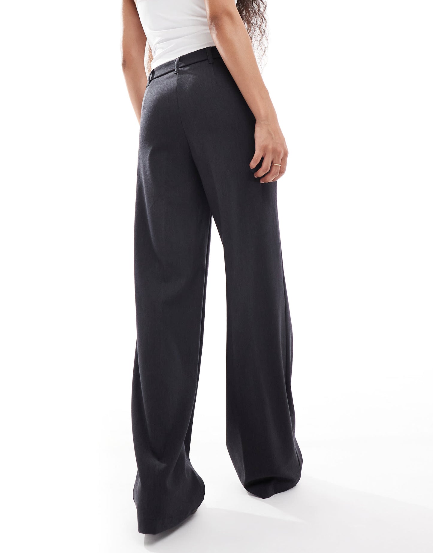 Bershka Petite wide leg tailored trouser in charcoal