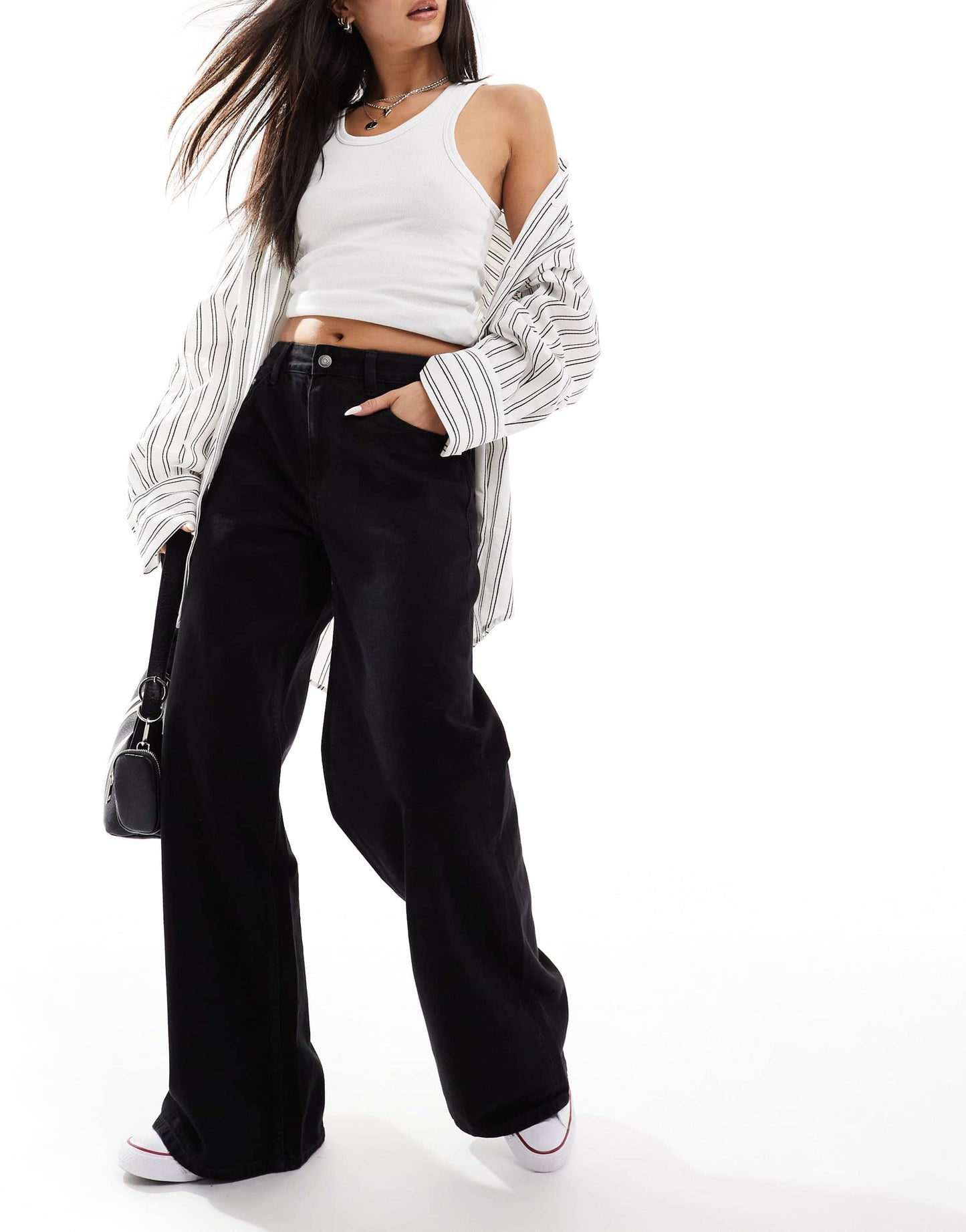 Bershka high waisted wide leg jeans in black