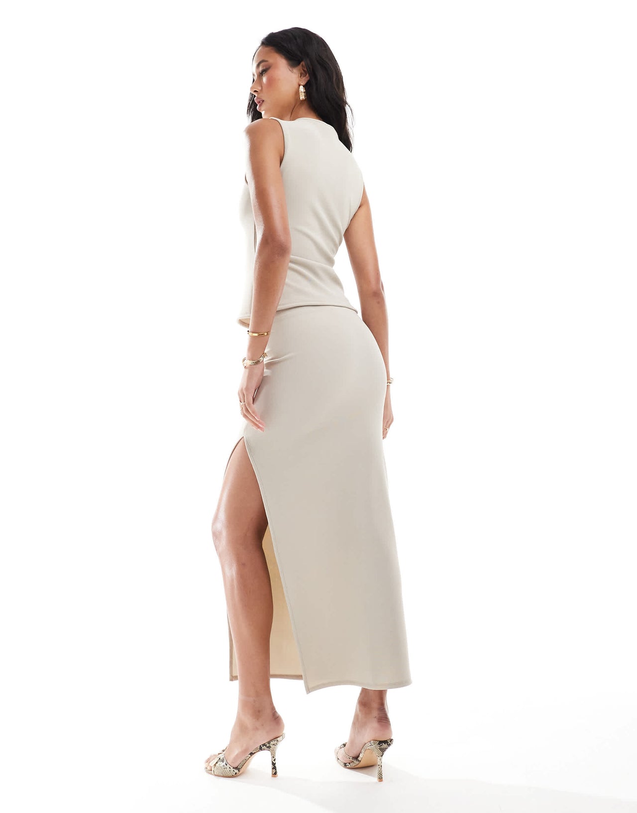 ASOS DESIGN co-ord ribbed maxi skirt with side split in stone
