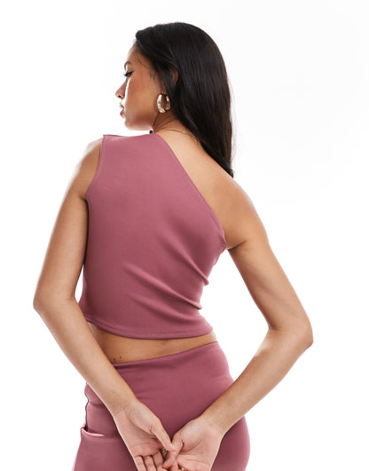 ASOS DESIGN co-ord one shoulder tuck detail top in deep rose in scuba-style fabric