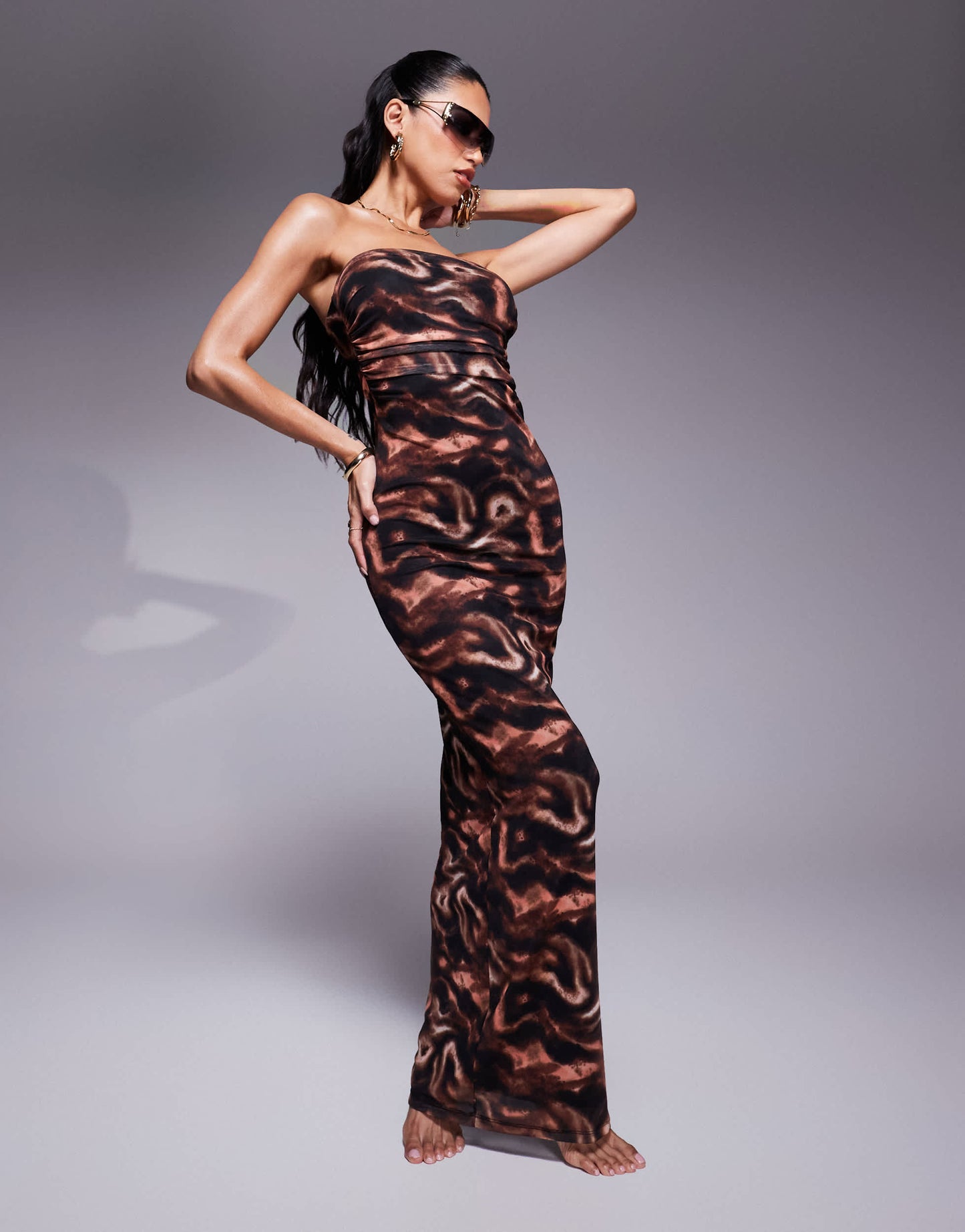South Beach abstract print lined bandeau mesh maxi beach dress in brown