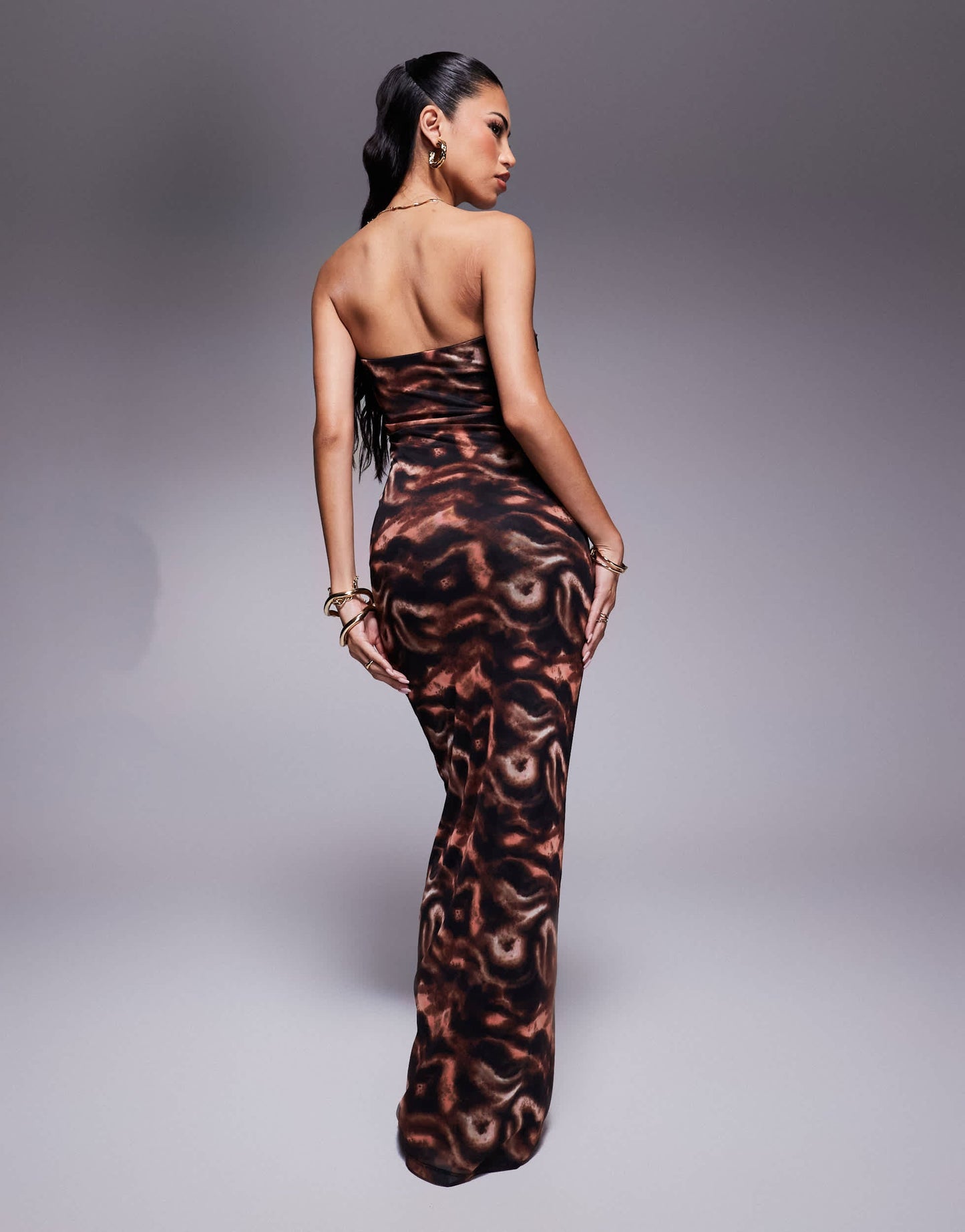 South Beach abstract print lined bandeau mesh maxi beach dress in brown