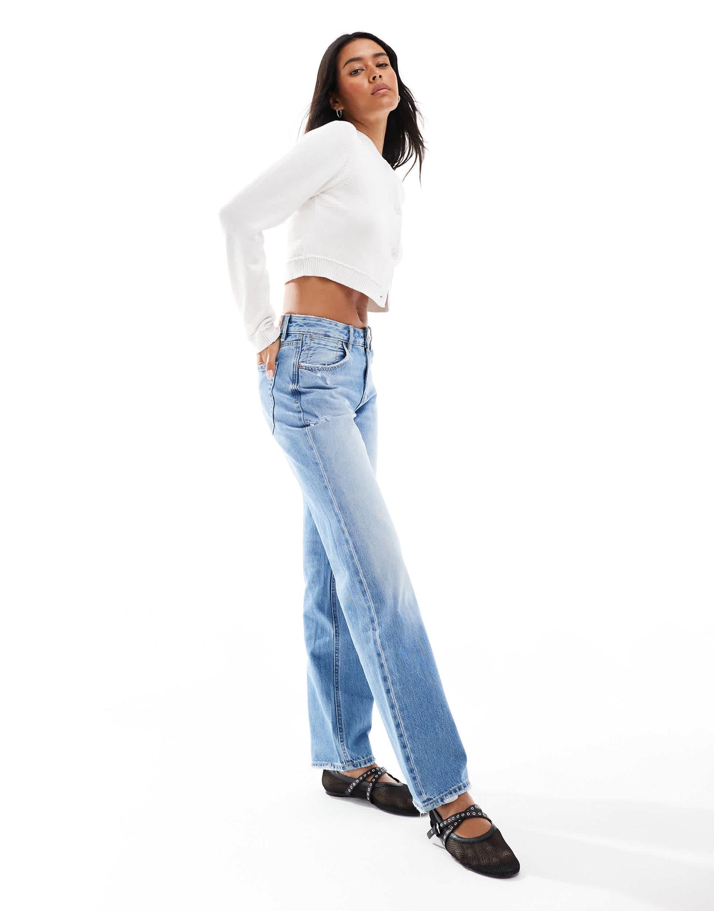 Stradivarius low waist straight leg jean in light wash blue