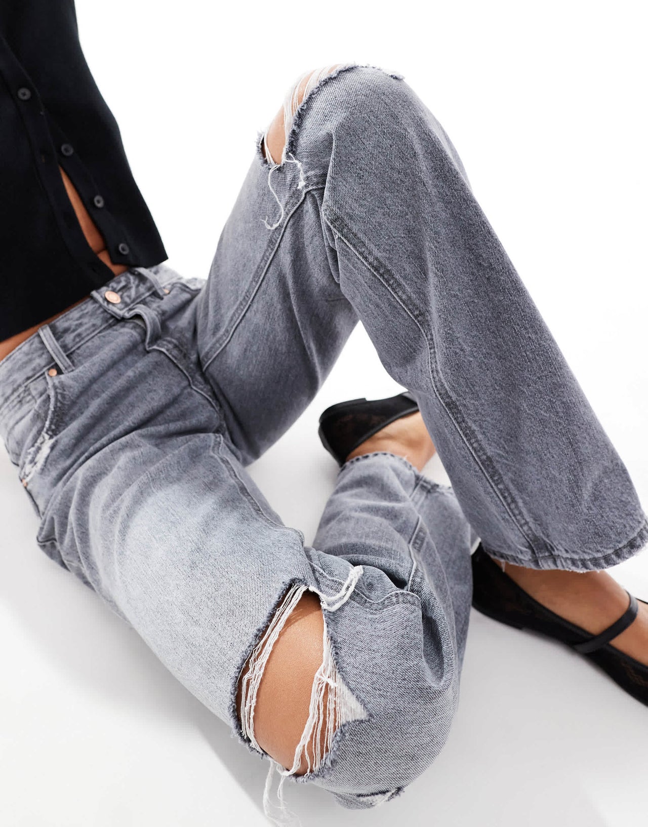 Stradivarius low waist straight leg jean with rips in washed grey