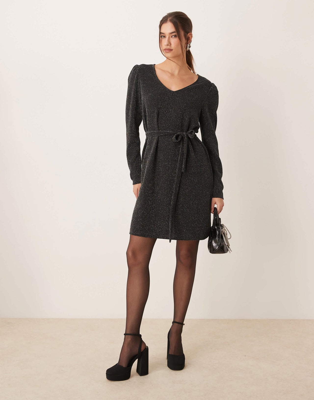 Vila tie waist dress in black glitter
