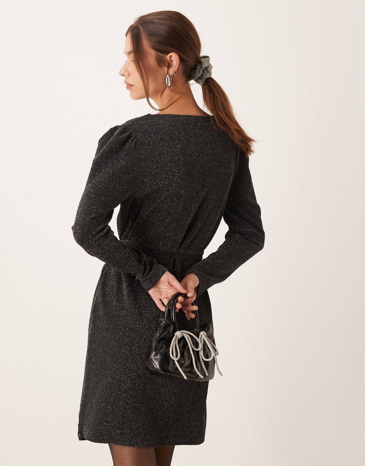 Vila tie waist dress in black glitter