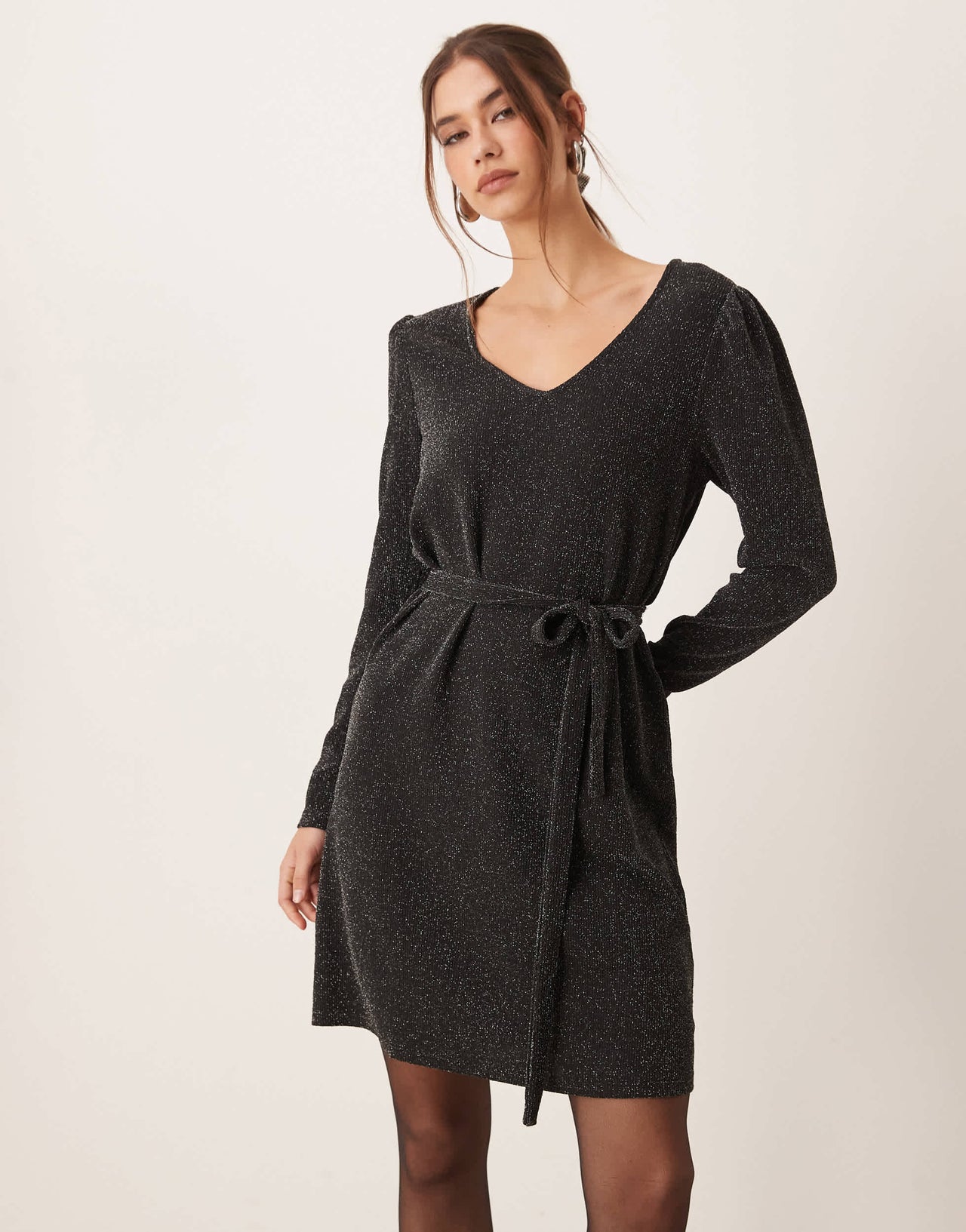 Vila tie waist dress in black glitter