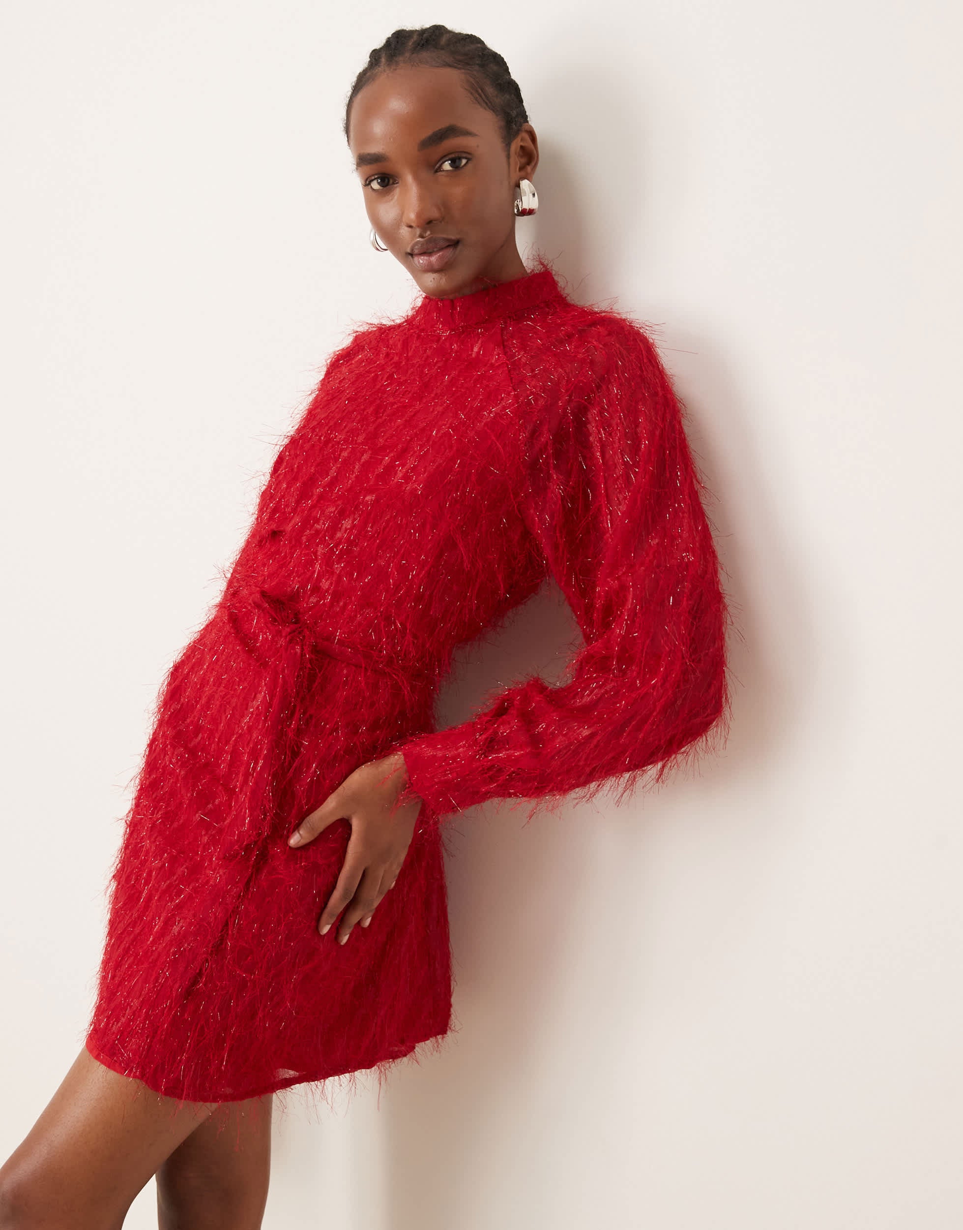 Vila fluffy textured tie waist mini dress in red