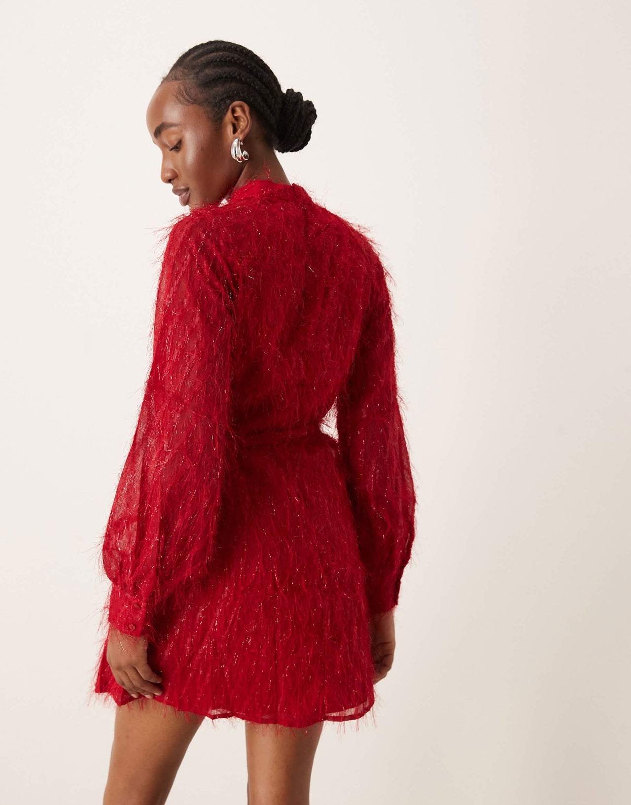 Vila fluffy textured tie waist mini dress in red