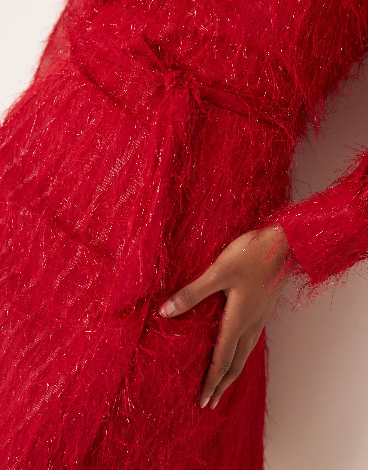 Vila fluffy textured tie waist mini dress in red