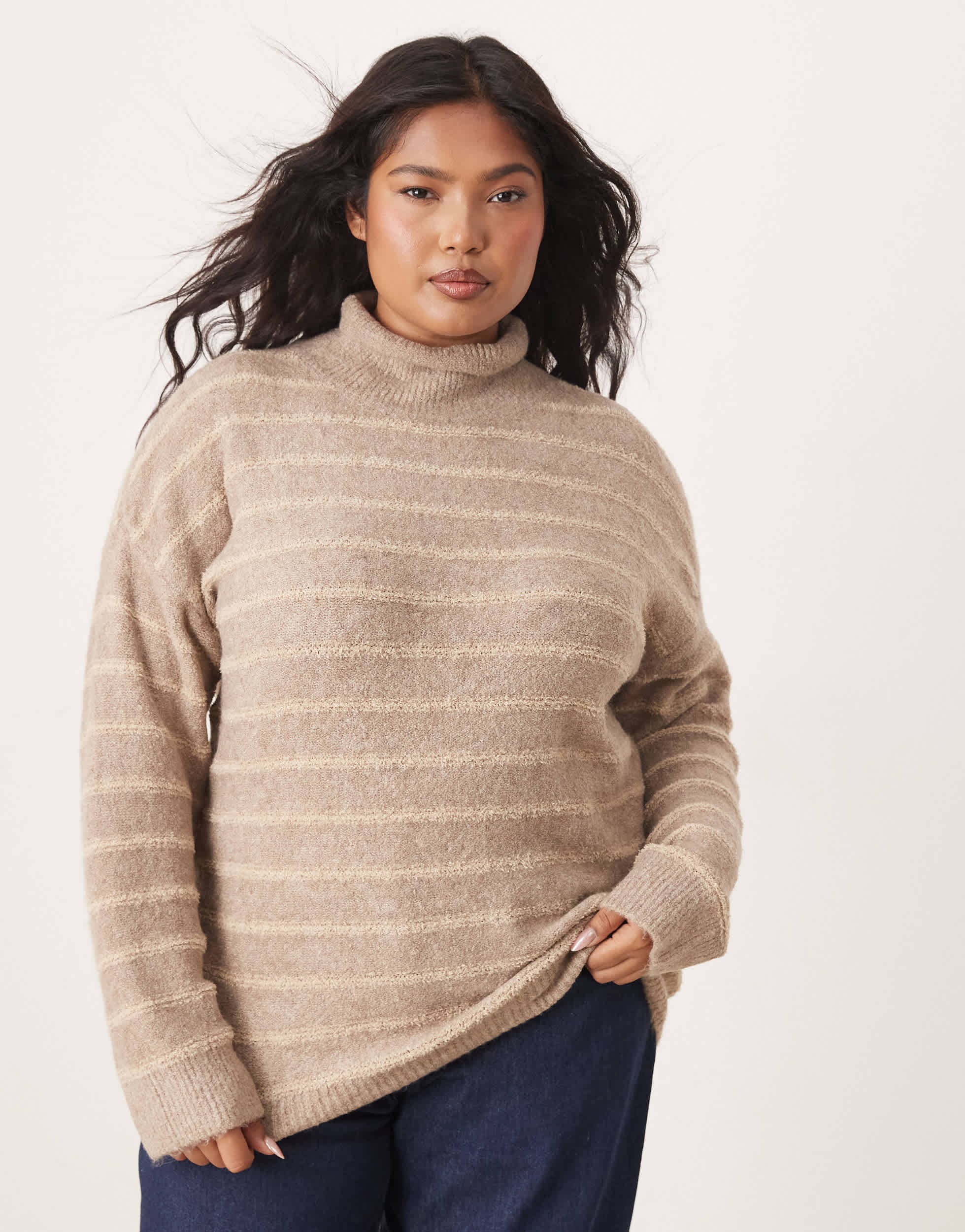 Vila Curve high neck textured knitted jumper in tonal beige stripe