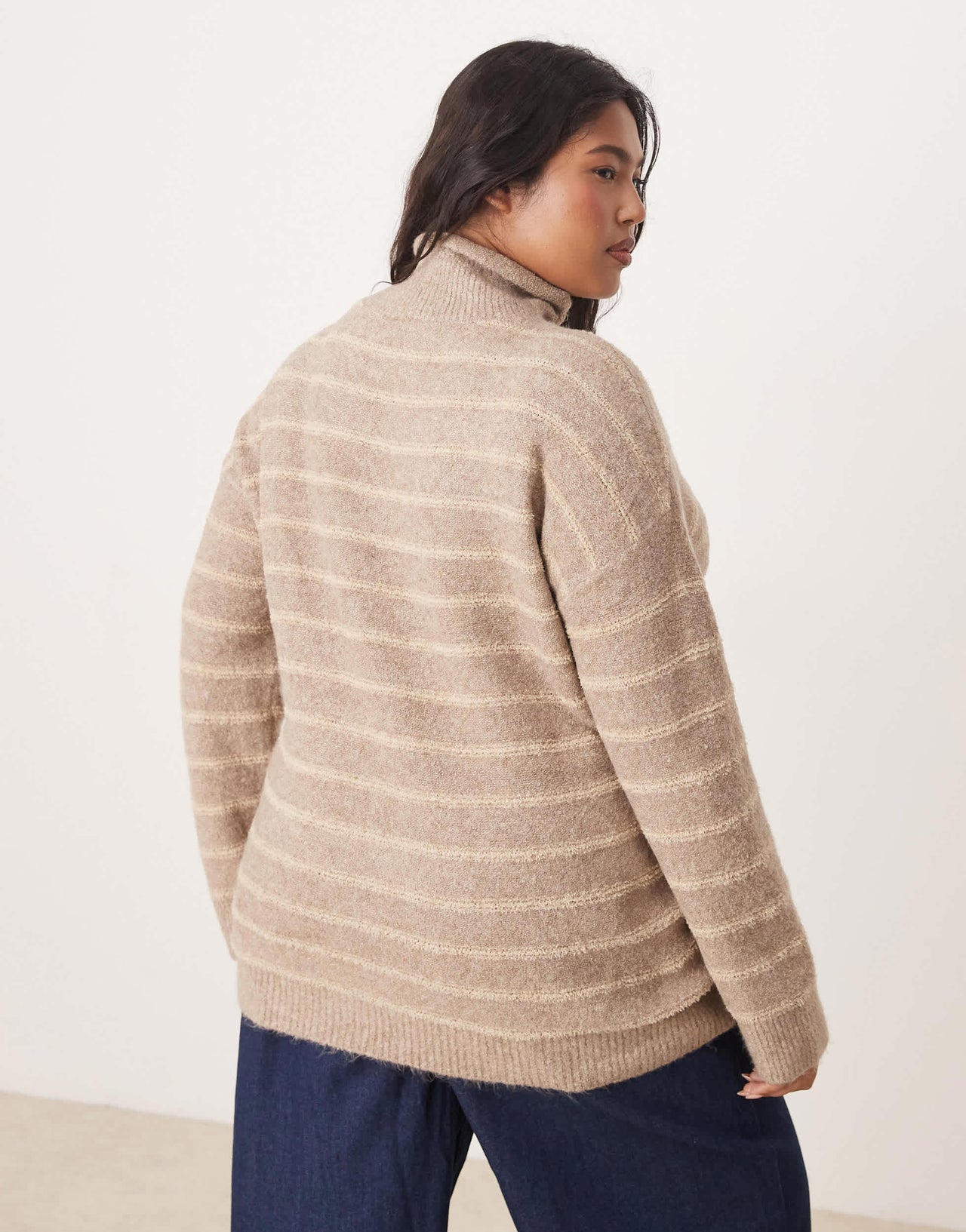 Vila Curve high neck textured knitted jumper in tonal beige stripe
