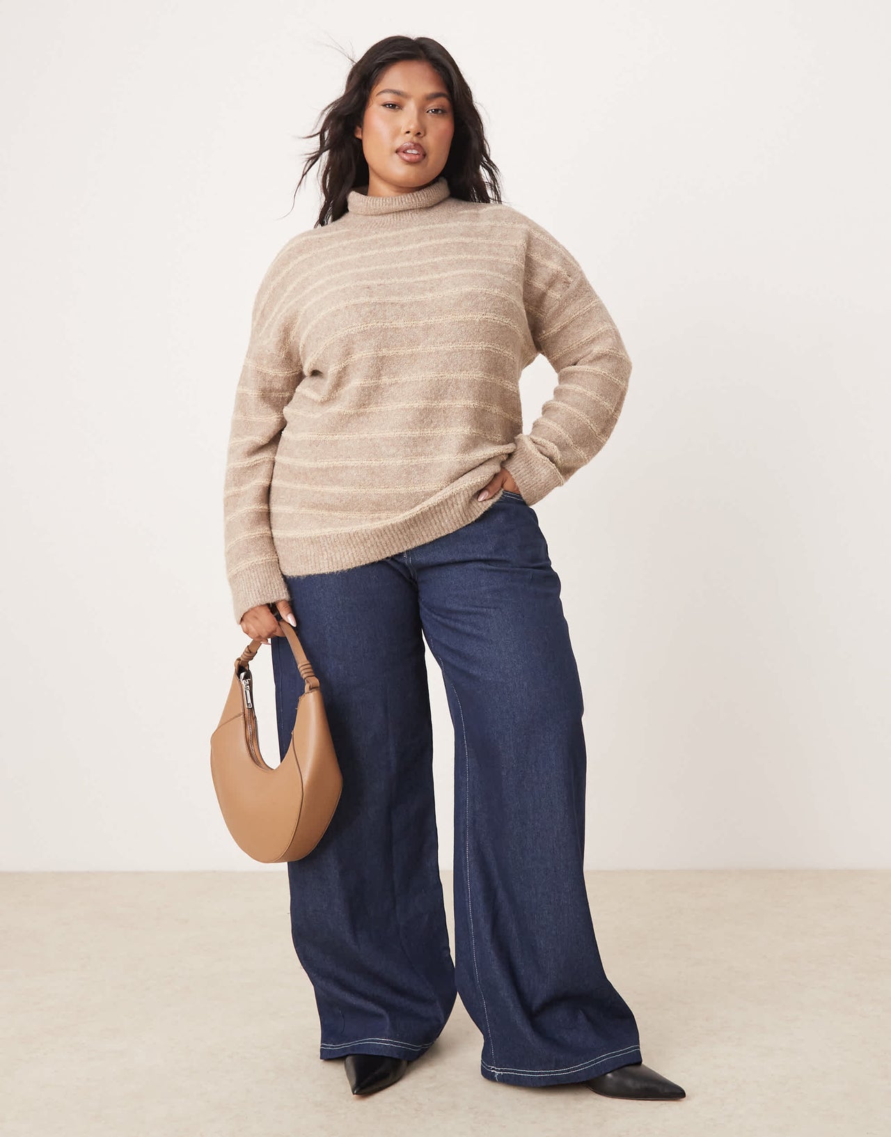 Vila Curve high neck textured knitted jumper in tonal beige stripe