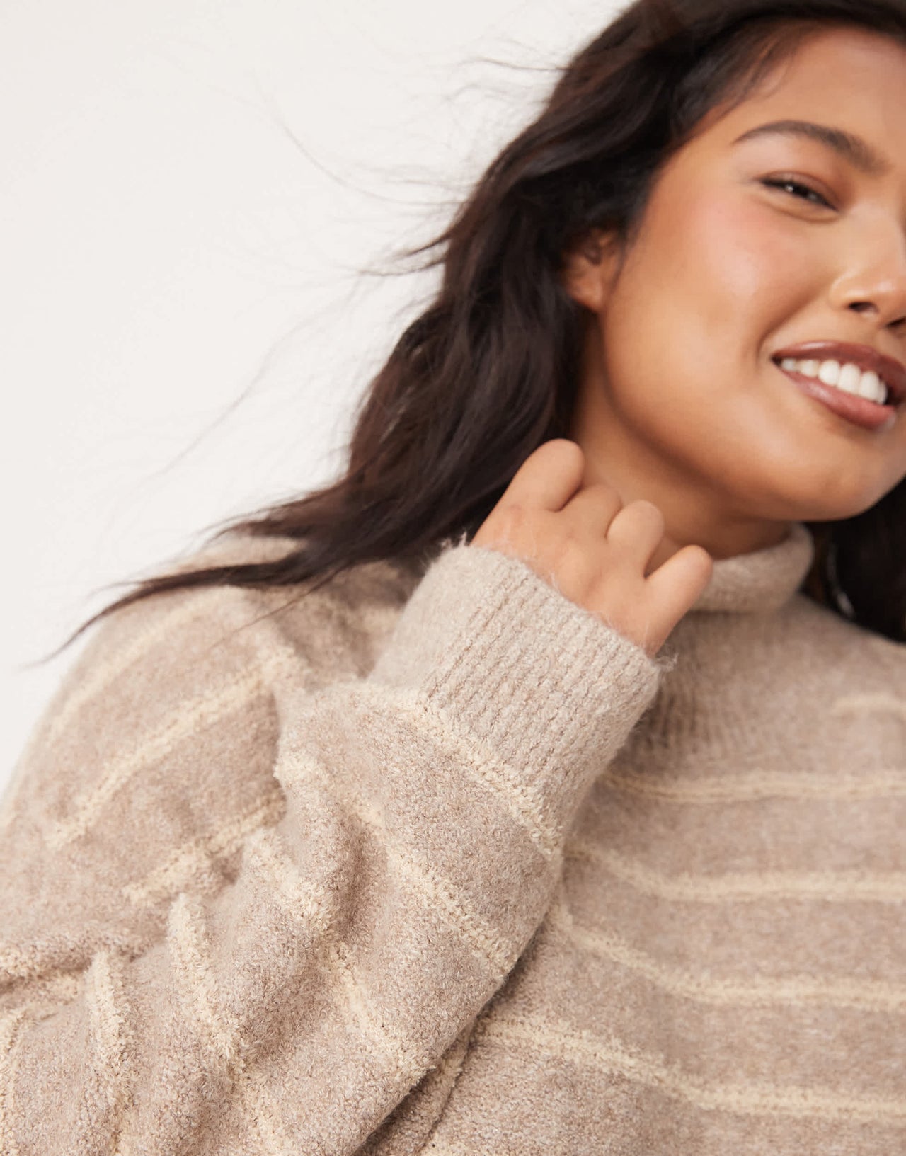 Vila Curve high neck textured knitted jumper in tonal beige stripe