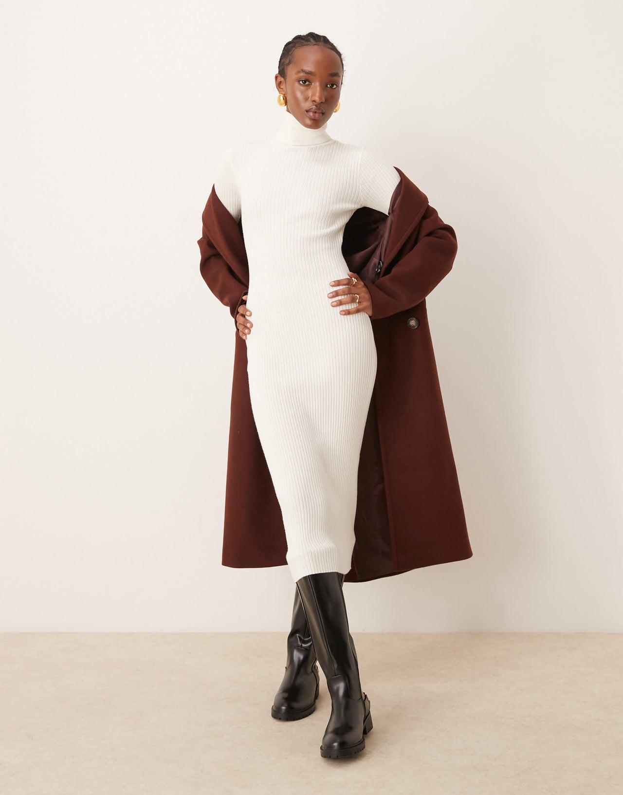 Vila roll neck long sleeve ribbed midi dress in cream