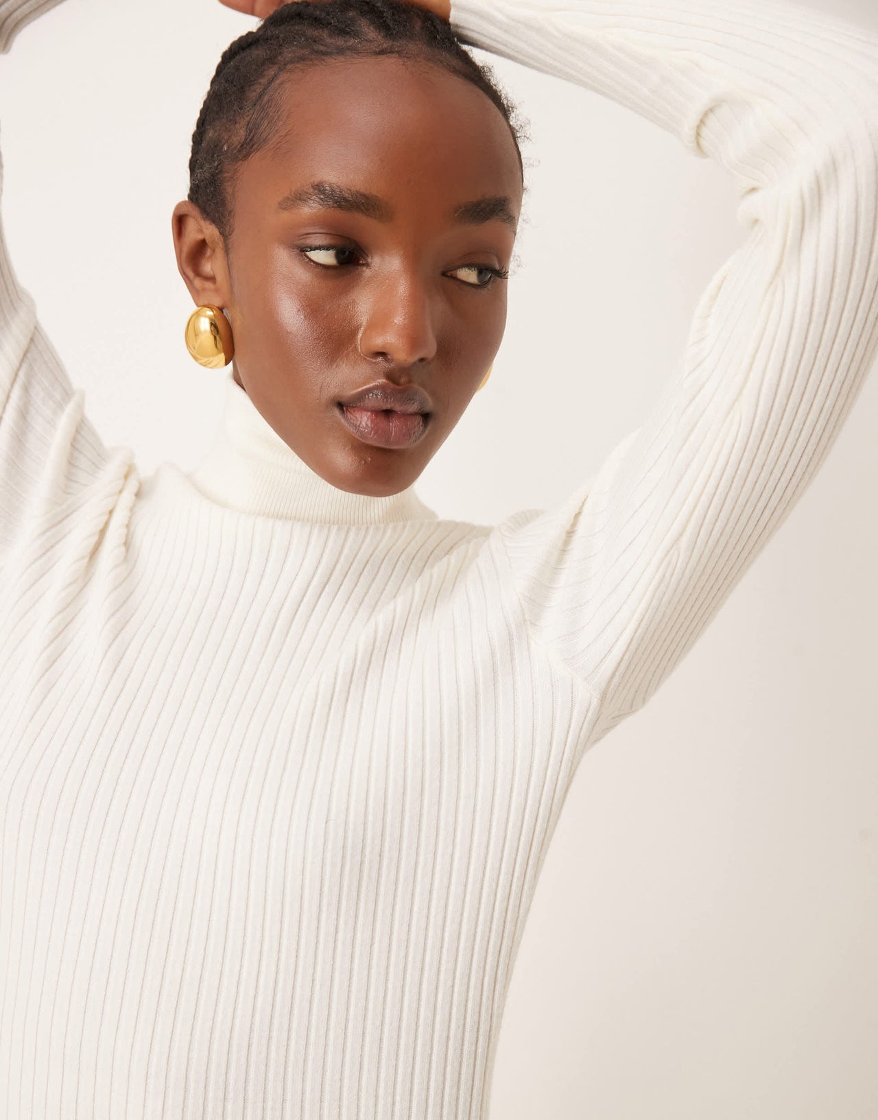 Vila roll neck long sleeve ribbed midi dress in cream