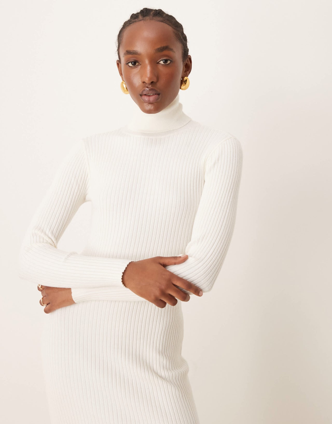 Vila roll neck long sleeve ribbed midi dress in cream