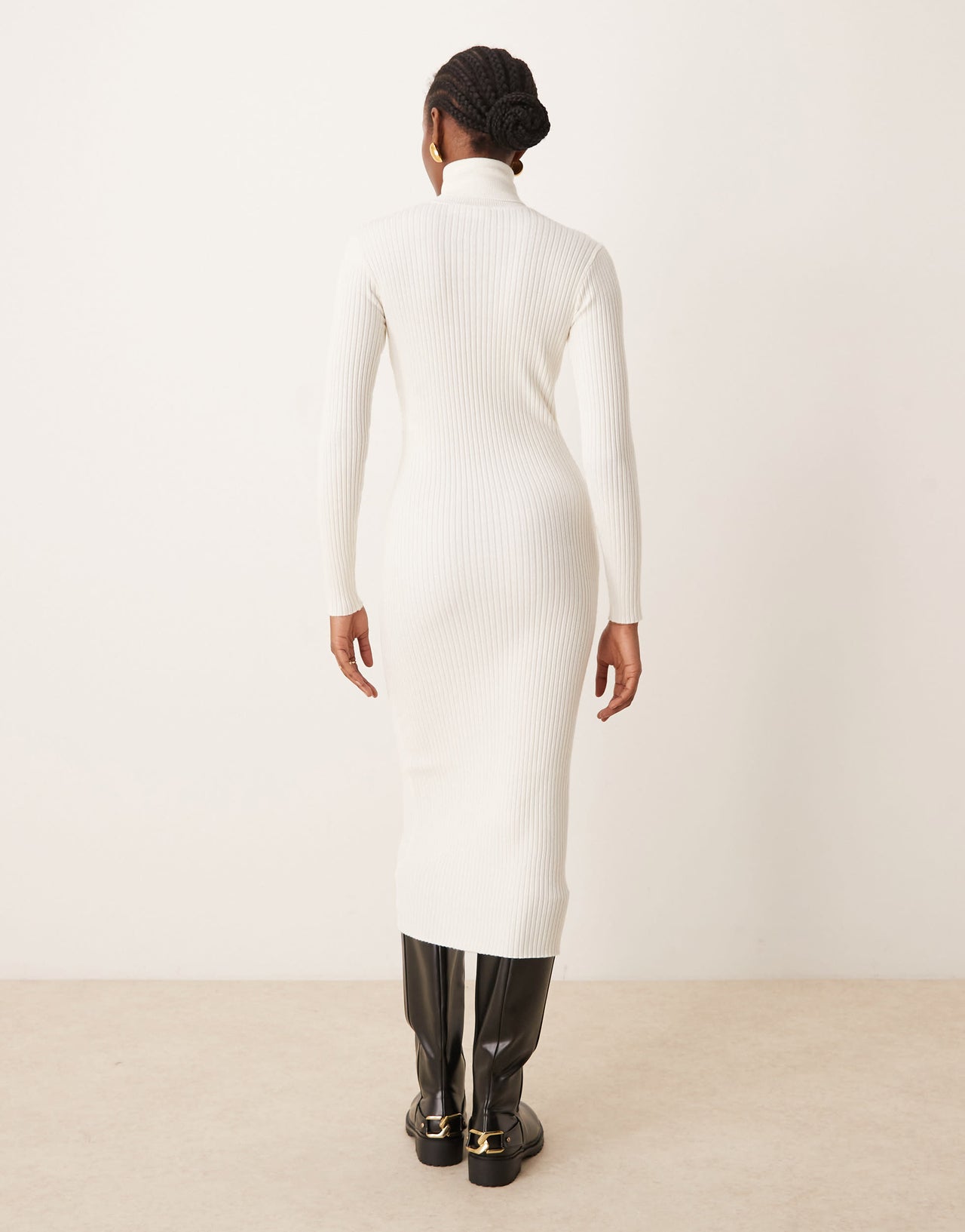 Vila roll neck long sleeve ribbed midi dress in cream