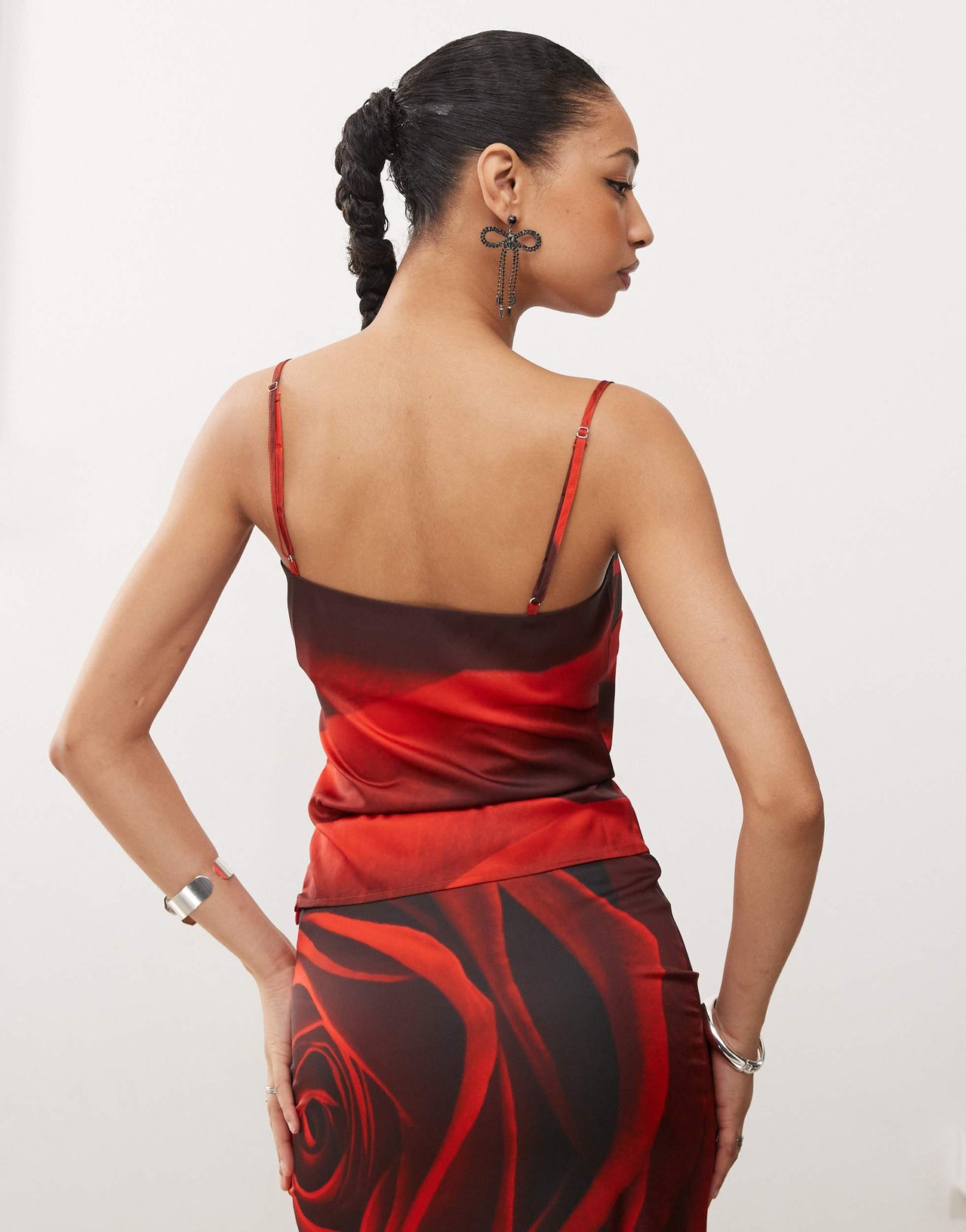 Tyler McGillivary rose bloom print satin cami top co-ord in red