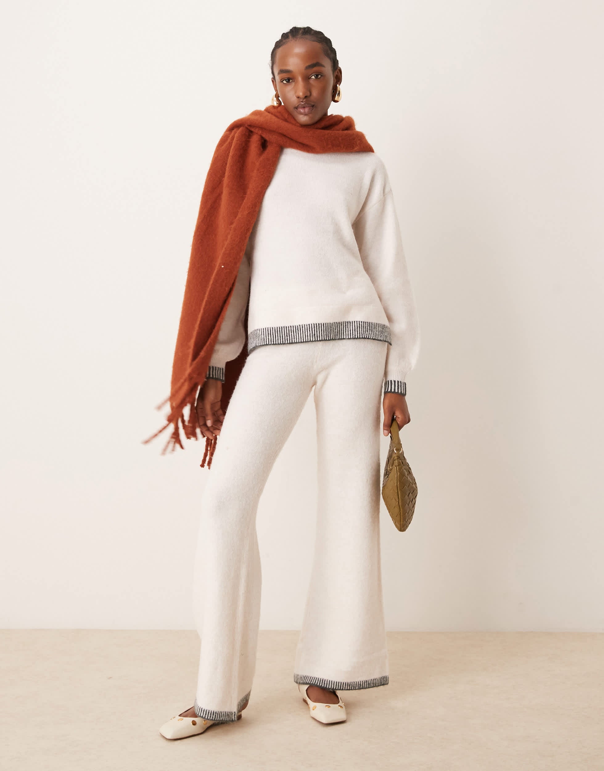 Vila knitted wide leg trouser co-ord with contrast stitch in cream