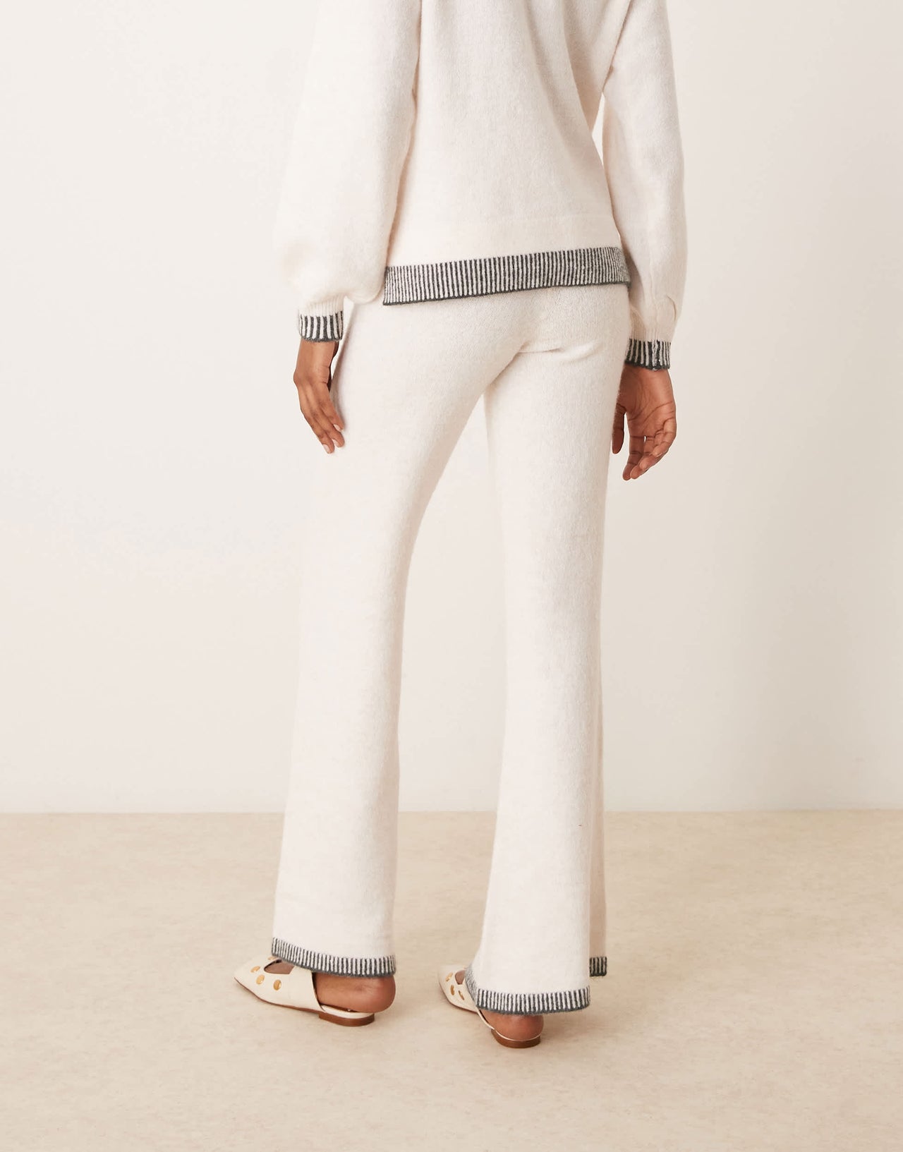 Vila knitted wide leg trouser co-ord with contrast stitch in cream